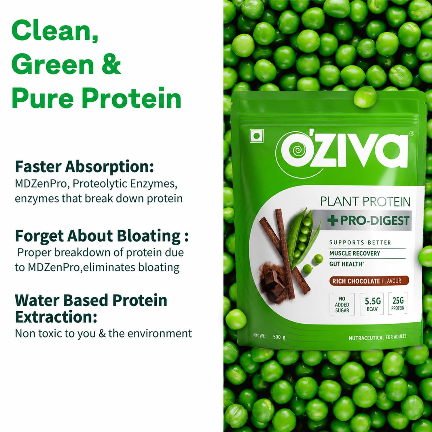OZiva Bioactive Plant Protein Powder, 5.5g BCAA, Vegan, Chocolate, 500g — Amazon image 3