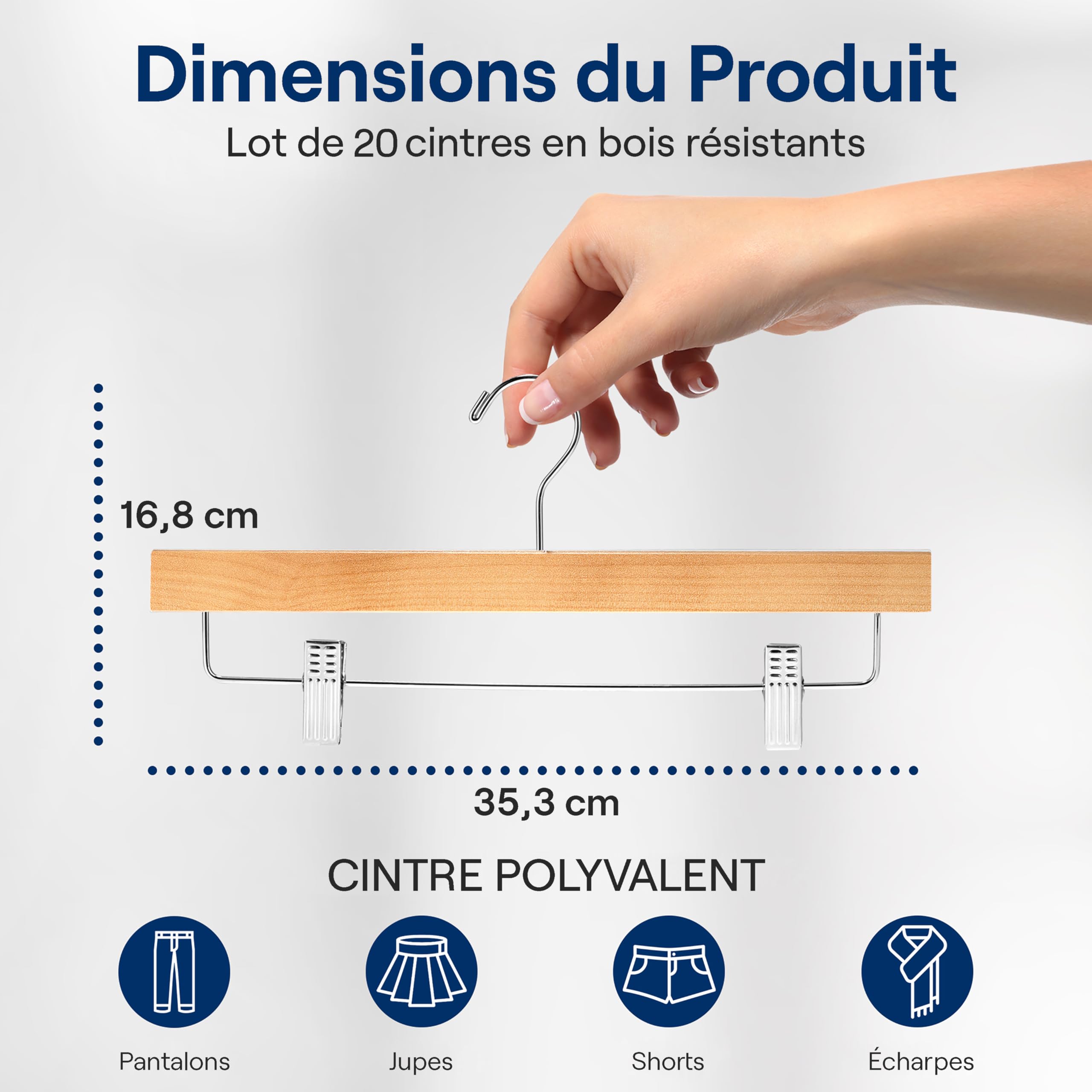 Serenelife Cintres en Bois avec Pinces - Cintres Pantalons, Jupes, Jeans, Uniformes - Crochets Pivotants 360°, Pinces Réglables, Finition Bois Naturel, Lot de 20