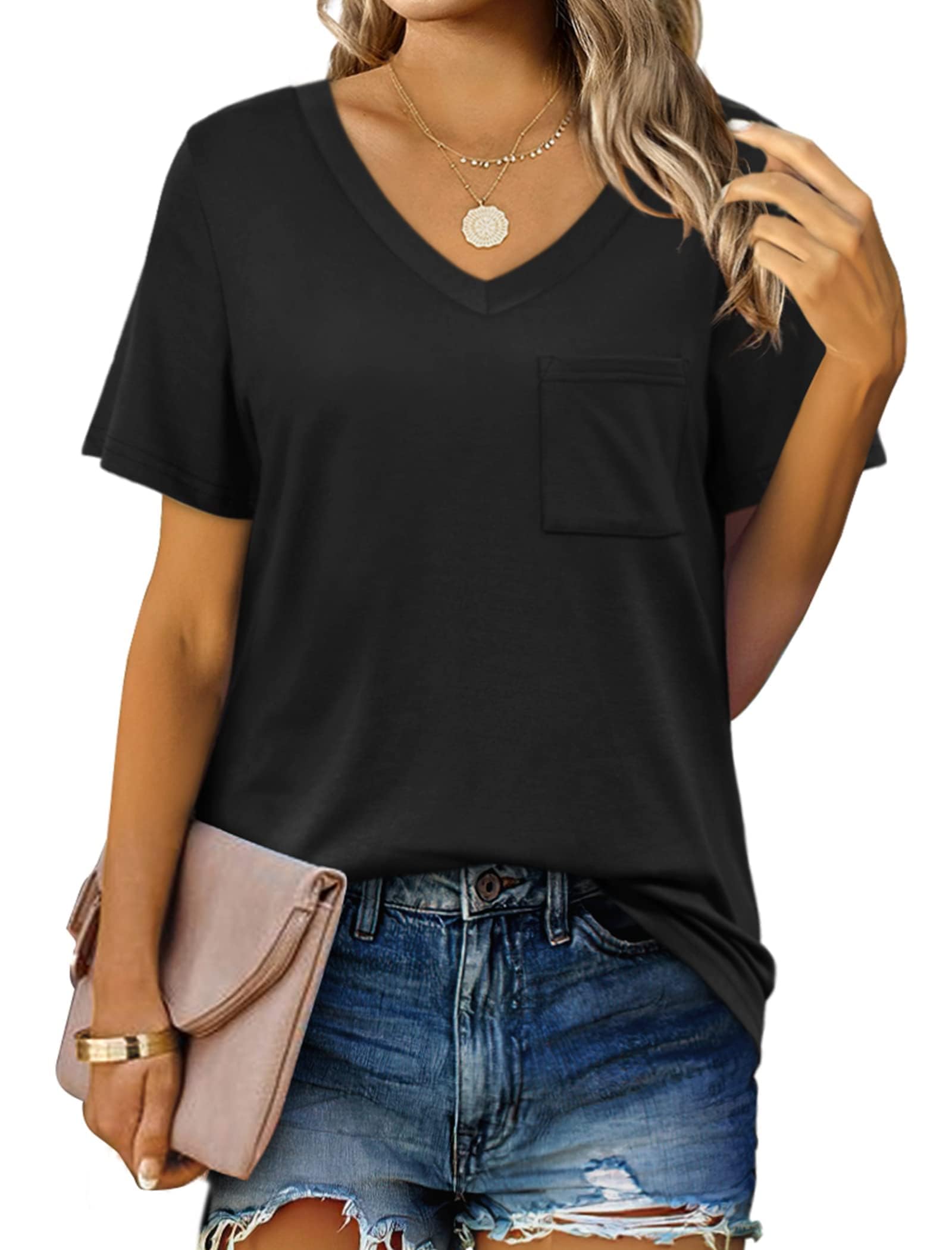 Suncife Lässiges Sommer-T-Shirt für Damen, kurzärmelig, V-Ausschnitt, T-Shirt mit Tasche