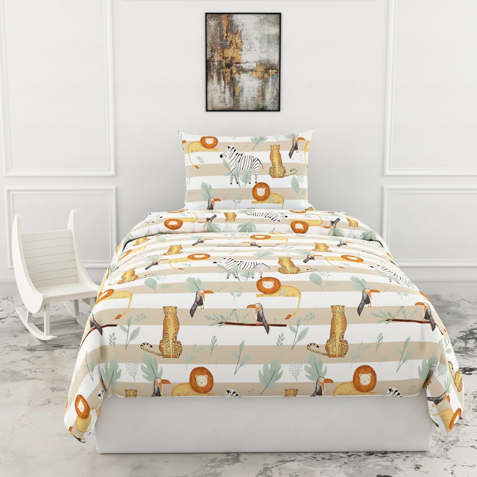 LORETO - A QUALITY LINEN BRAND 100% Pure Cotton Bedsheet for Single Bed, 144TC Soft & Breathable Single Bed Sheet with Pillow Cover (Jungle Beige & Green Adventure, 54 x 84 Inches)