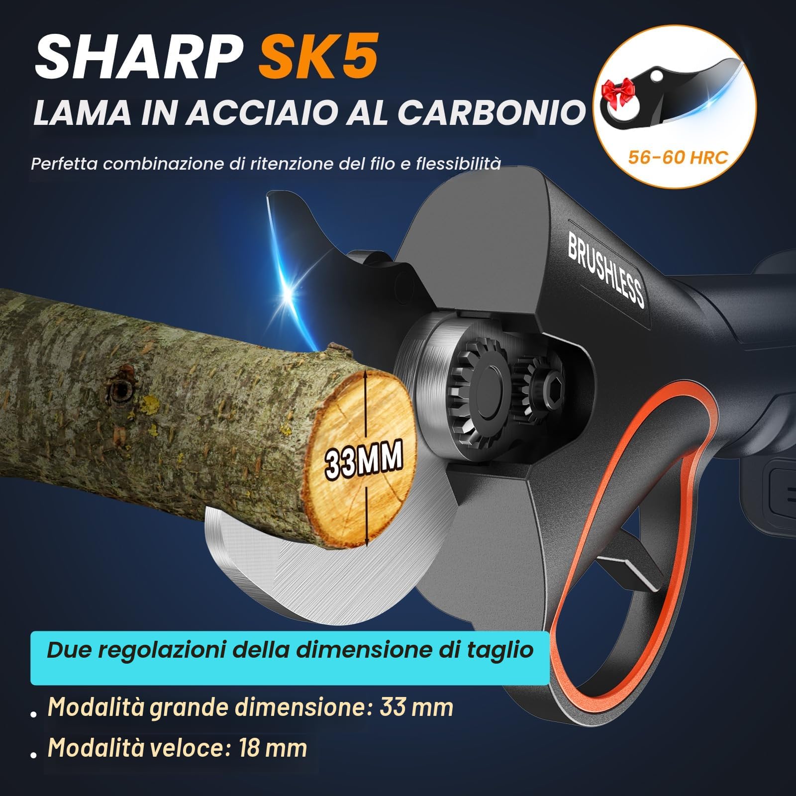 Forbici da potatura Elettriche, 33 mm, Motore Brushless da 800 W, 21V 2 * 2000 mAh, 2 SK7 Lame, 500.000 tagli Effettivi, Cesoie Elettriche per giardinaggio, alberi da frutto, vigneti