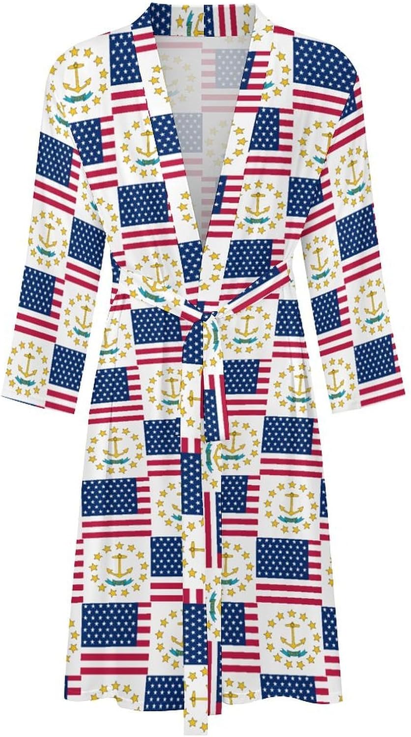 Flag of Usa And Rhode Island Mens Robe Long Bathrobe for Women Bath Robes Lightweight Soft Printed Sleepwear