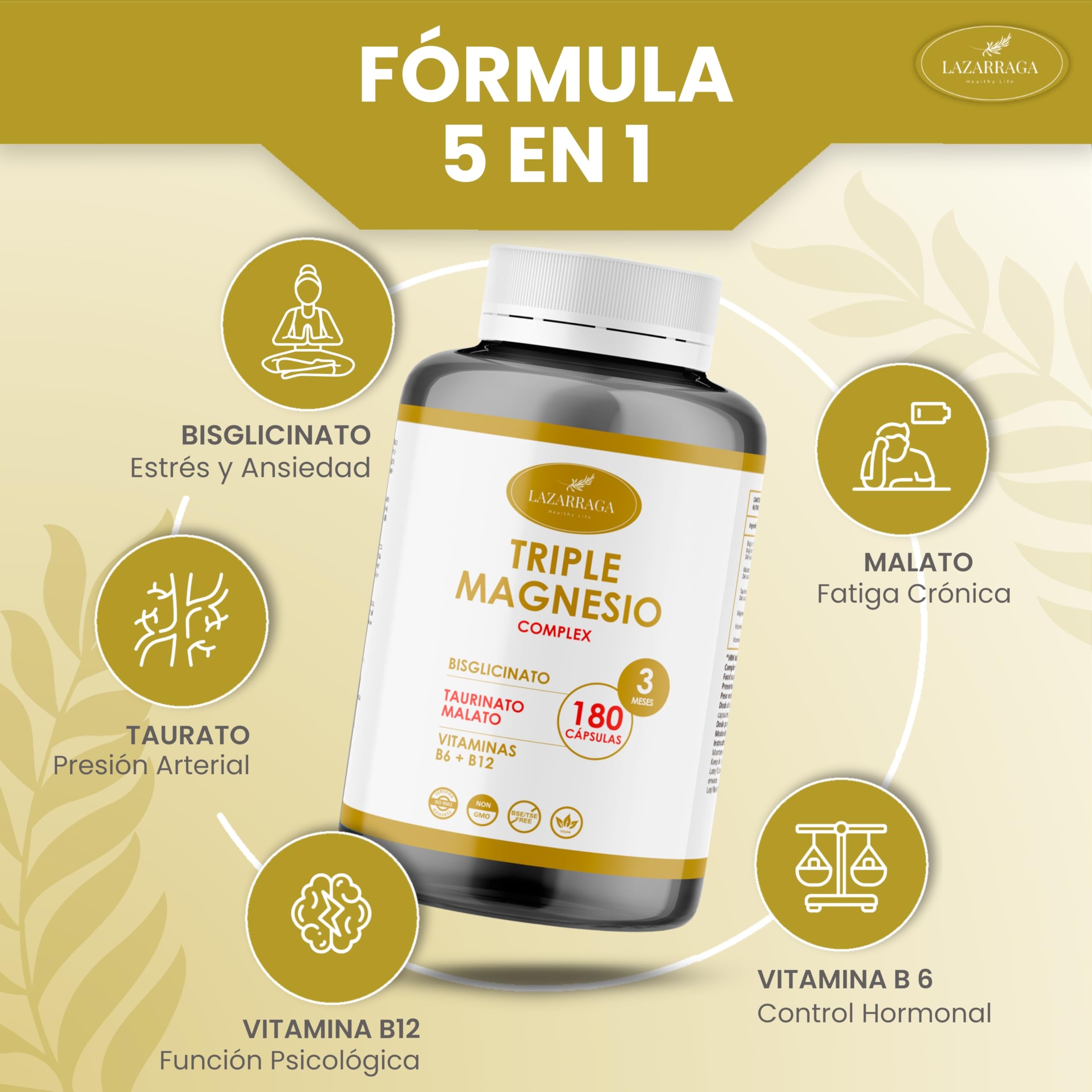 TRIPLE MAGNESIO COMPLEX 5 EN 1 | Bisglicinato + Taurinato + Malato + Vitaminas B6 y B12 | 250 mg Magnesio Elemental Diario | 180 Cápsulas Veganas | 3 Meses | Suplemento Premium | Energía y Vitalidad