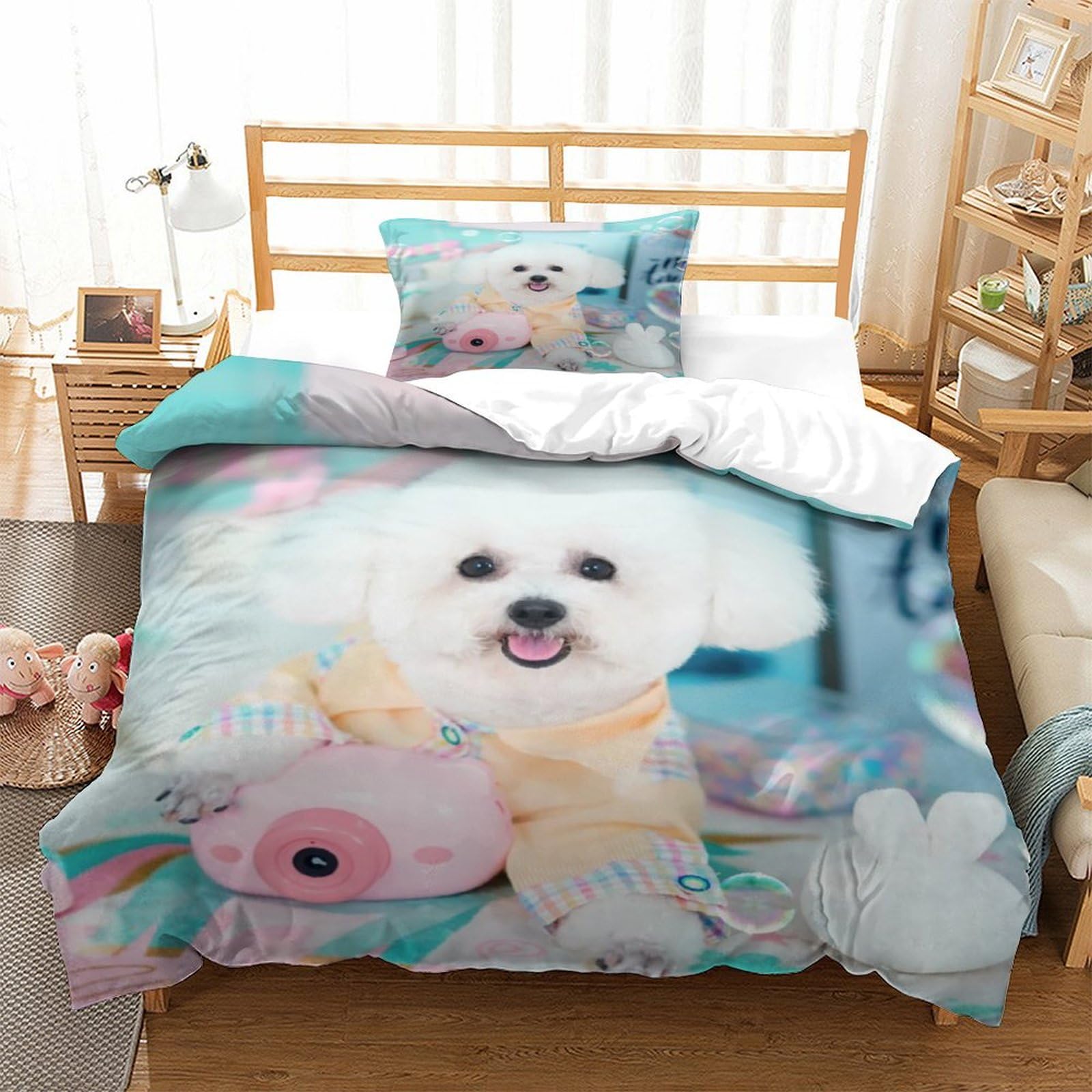 Dafufbw Bichon Frise Bedding Set Colorful Duvet Cover Sets Dogs Quilt Cover Soft Microfiber With Pillwocase Comforter Cover With Zipper Closure Finesse For Kids Adults Single（135X200cm）