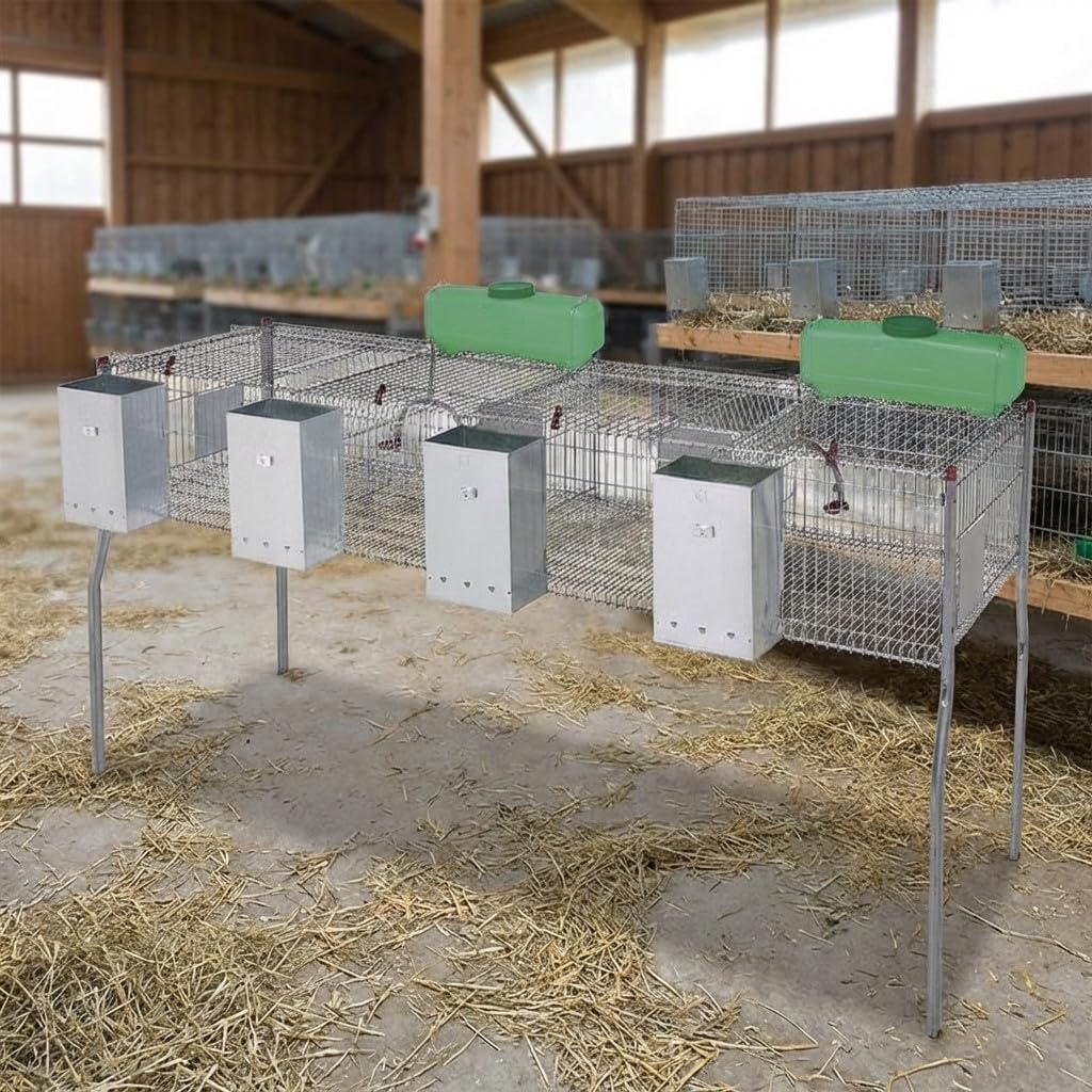 Suinga Gabbia per conigli a 4 scomparti, pavimento in metallo, 200 x 62 x 99 cm, con tramoggia e abbeveratoio, ideale per allevamento e organizzazione
