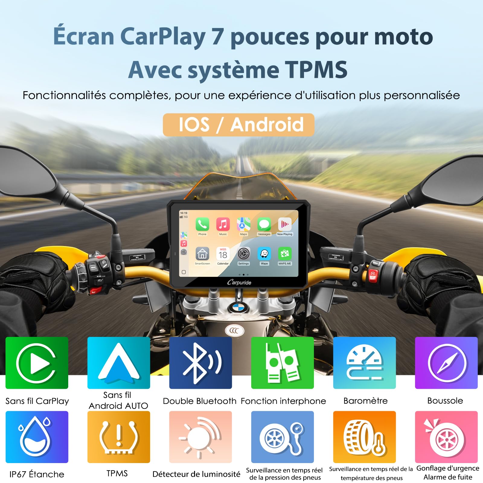 Carpuride W702T Pro Moto Carplay Écran avec TPMS Système, sans Fil Carplay et Android Auto, Portable 7" Étanche Tactile Écran, Double Bluetooth, Interphone Fonction, Navigation, Boussole, Baromètre.