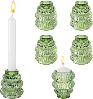 Tower-Shaped Candle Holders Set of 6 for Table Centerpiece, Green Glass Tealight Candlestick Holder for Wedding Party Decor, Vintage Tea Lights Candle Holder for Home Decoration