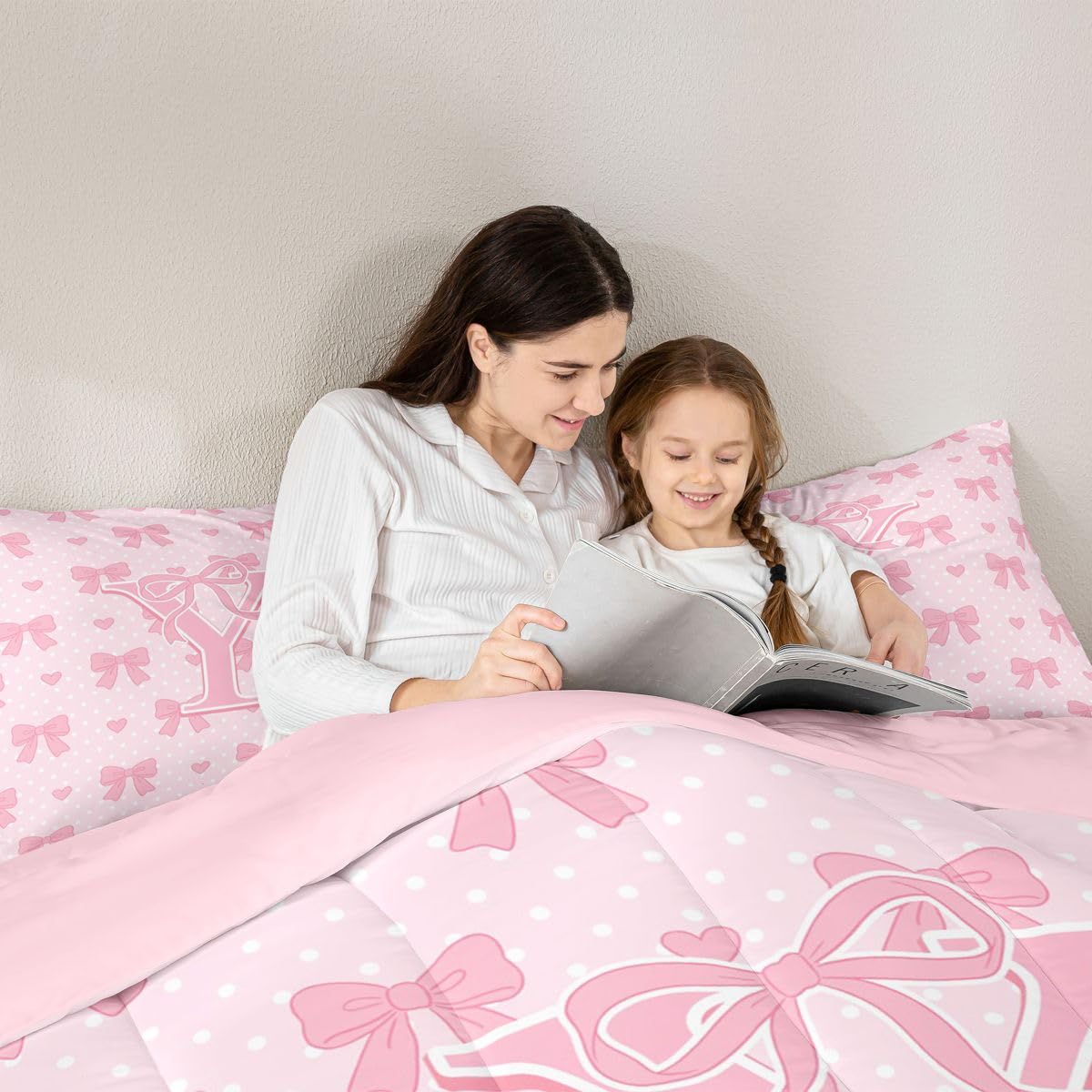 Loussiesd Urocza różowa kokarda zestaw kołdry podwójny rozmiar monogram zestaw pościeli spersonalizowany inicjał Y kołdra kawaii kokarda węzeł sypialnia dekoracja marzycielski styl