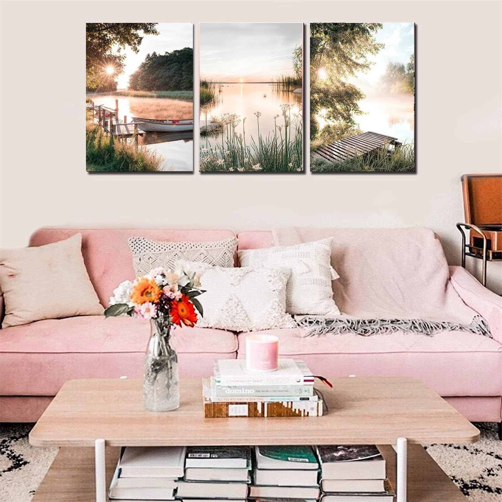 AQCQDQ Juego de 3 pósteres de naturaleza, paisajes modernos, cuadros de pared estéticos verdes, flores de lago, puesta de sol, salón, dormitorio, arte de pared, sin marco, lienzo (40 x 50 cm)
