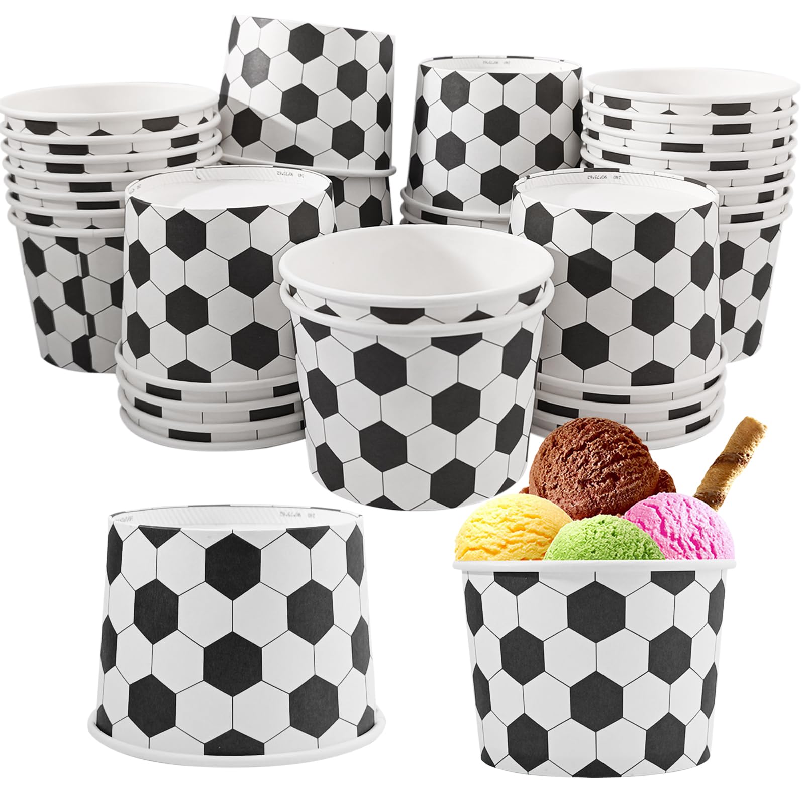 50 Pcs Soccer Ball Pattern Ice Cream Cups Paper Soccer Party Treat Snack Bowls Dessert Disposable Bowls 9 OZ for Yogurt Soup Fruit Soccer Birthday Party Supplies