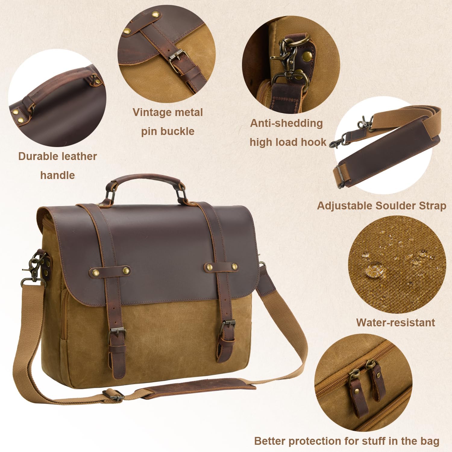 Mens Messenger Bag Waxed Canvas Laptop Briefcase 16“ Vintage Genuine Leather Crossbody Bags Waterproof Satchel Shoulder Bag - Image 5