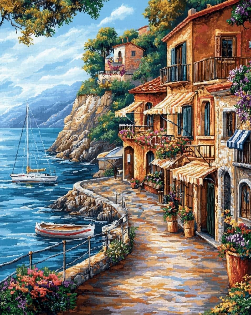 WallustrioaW DIY Cross Stitch Kits for Adults,Seaside Town,11CT Printed Cross Stitch,Stamped Embroidery Kits for Adults Wall Art Home Decoration,40x50cm