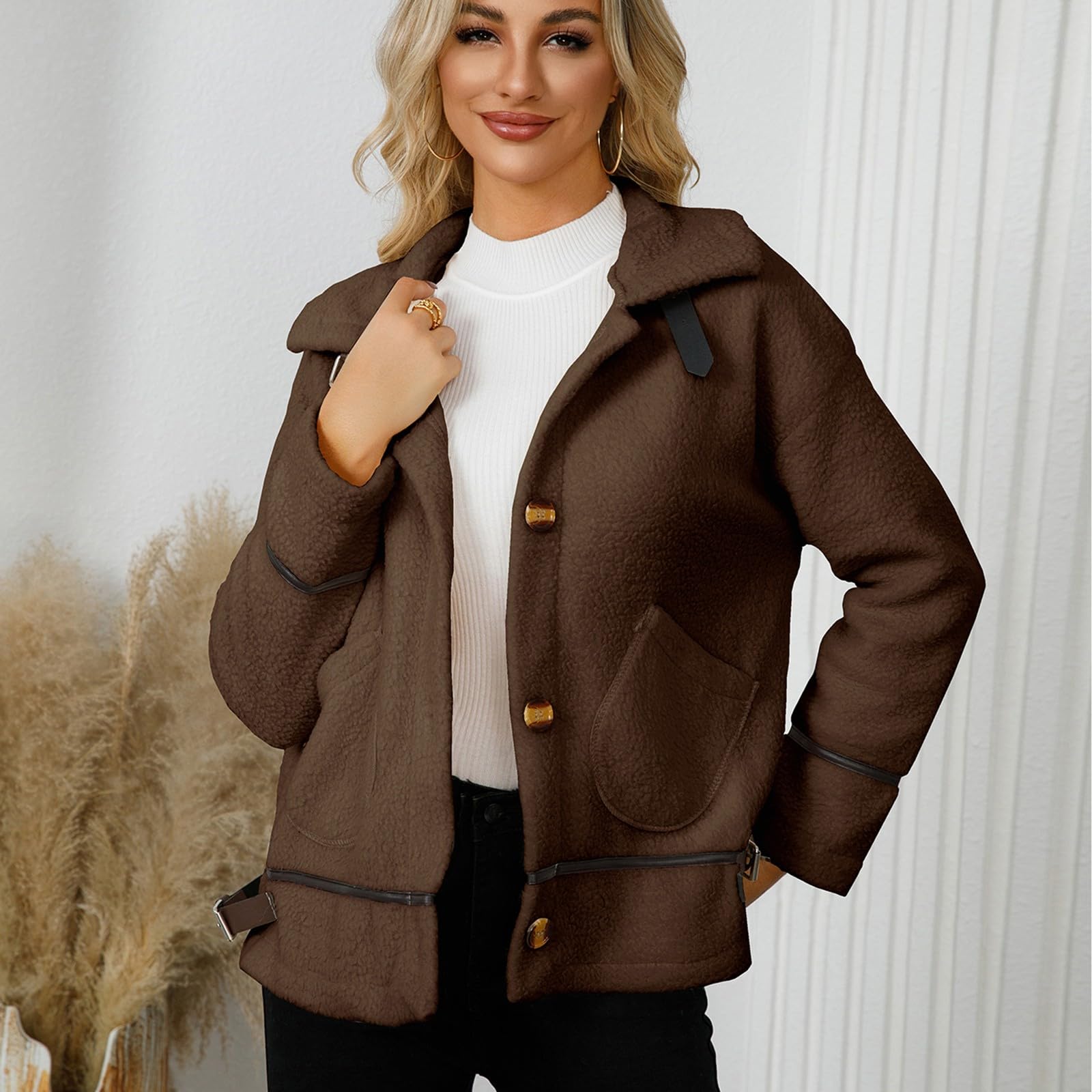 Generisch Fleecejacke Damen Pullover Damen Fleecemantel mit Revers und Knopfverschluss, kurzes, warmes Cardigan-Oberteil
