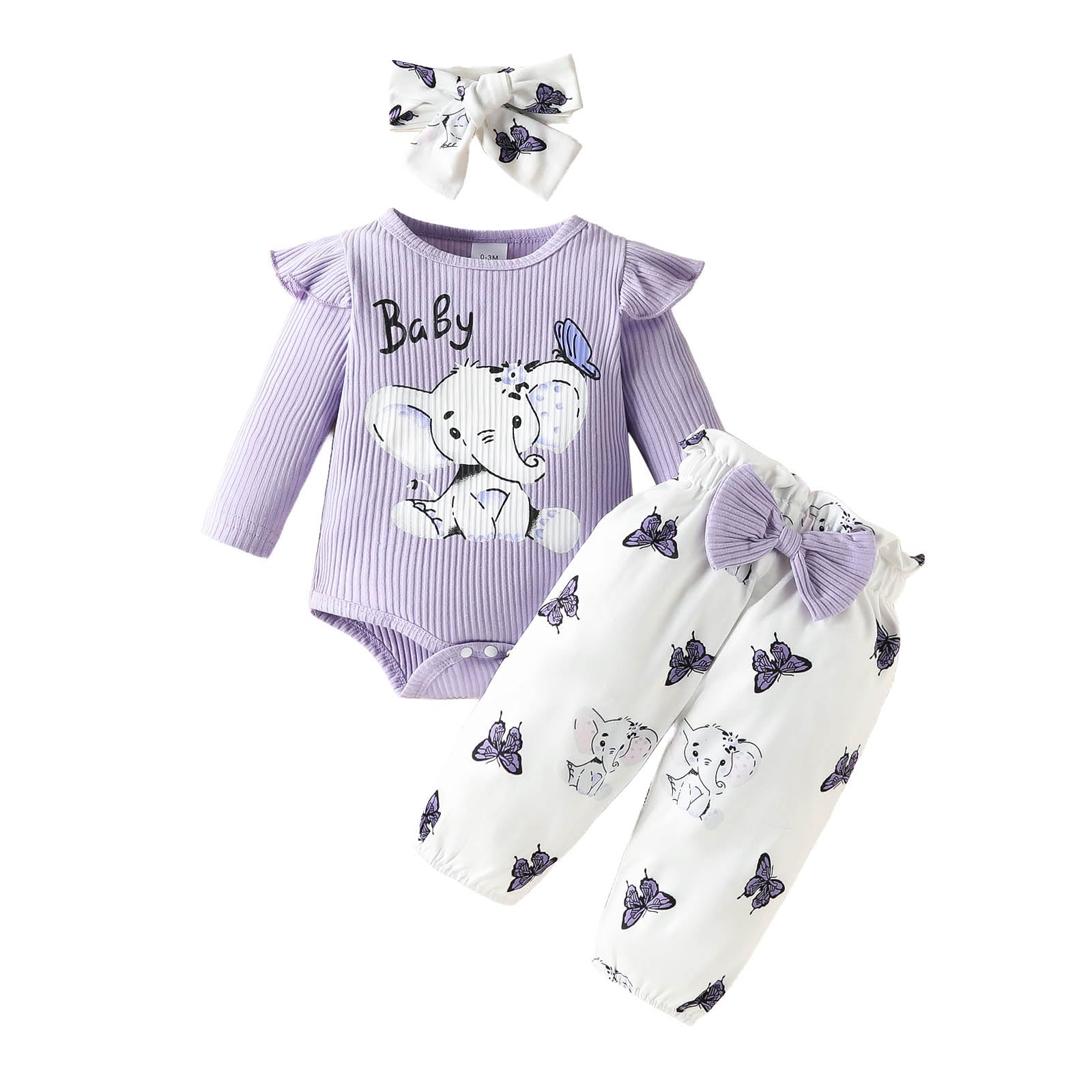 FOCUSNORM Toddler Baby Girl Outfits Newborn Ruffle Long Sleeve Elephant Romper Casual Pants Sets Infant Fall Winter Clothes (Purple, 0-3 Months)