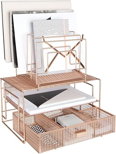 BLU MONACO Workspace - Organizador de escritorio y accesorios de escritorio de oro rosa con clasificadores de archivos y cajón para suministros de