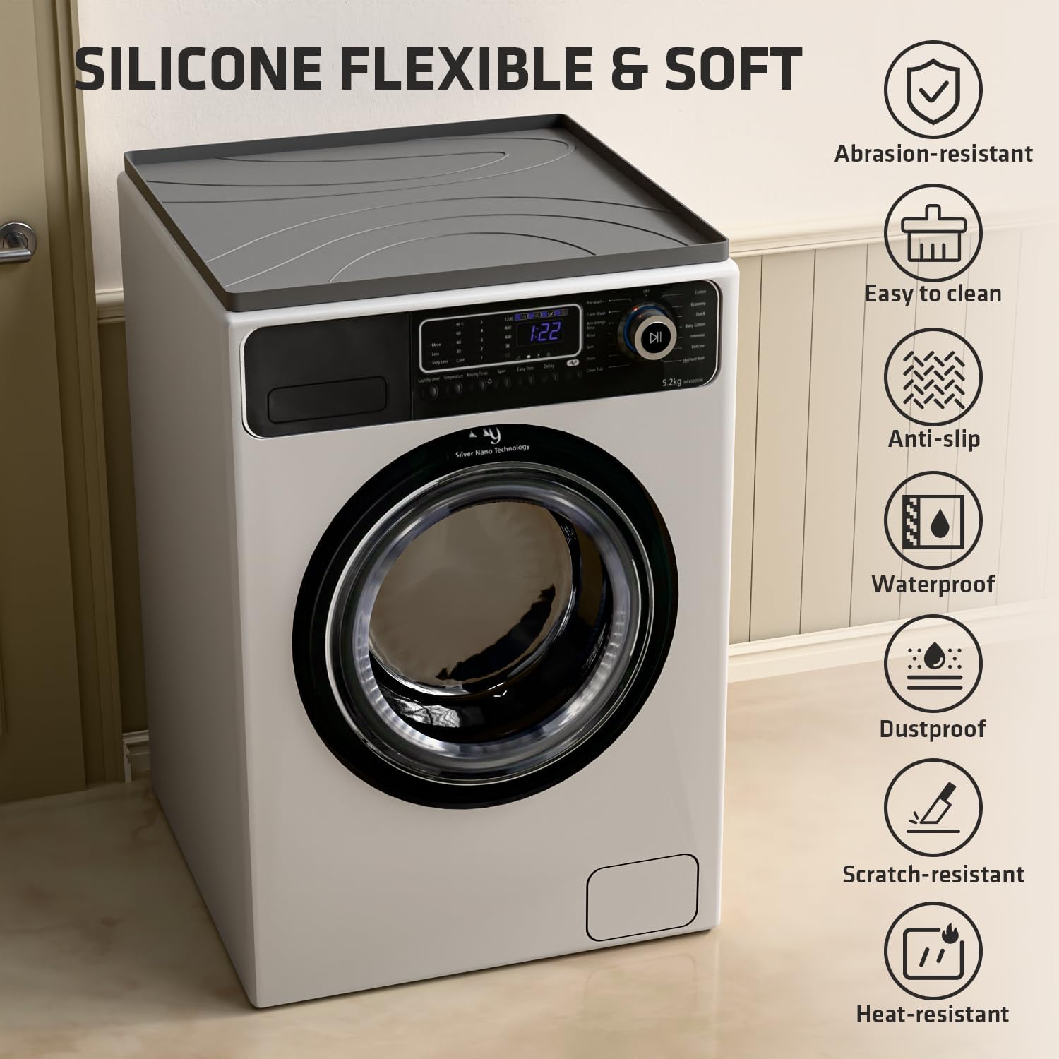 26.5''x 26.5'' Washer & Dryer Covers - 2PCS Non-slip Silicone Top Protector Mat - Waterproof Laundry & Kitchen Countertop