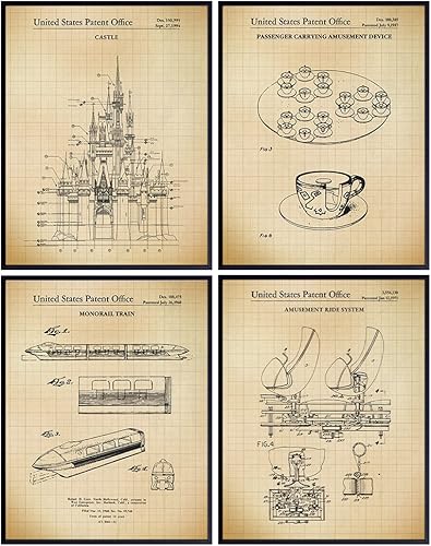 Rides Patent Art Prints - Vintage Wall Art Poster Set - Chic Rustic Home Decor for Boys, Girls, Teens, Kids Room - Gift for Mickey Fans, 8x10 Photos