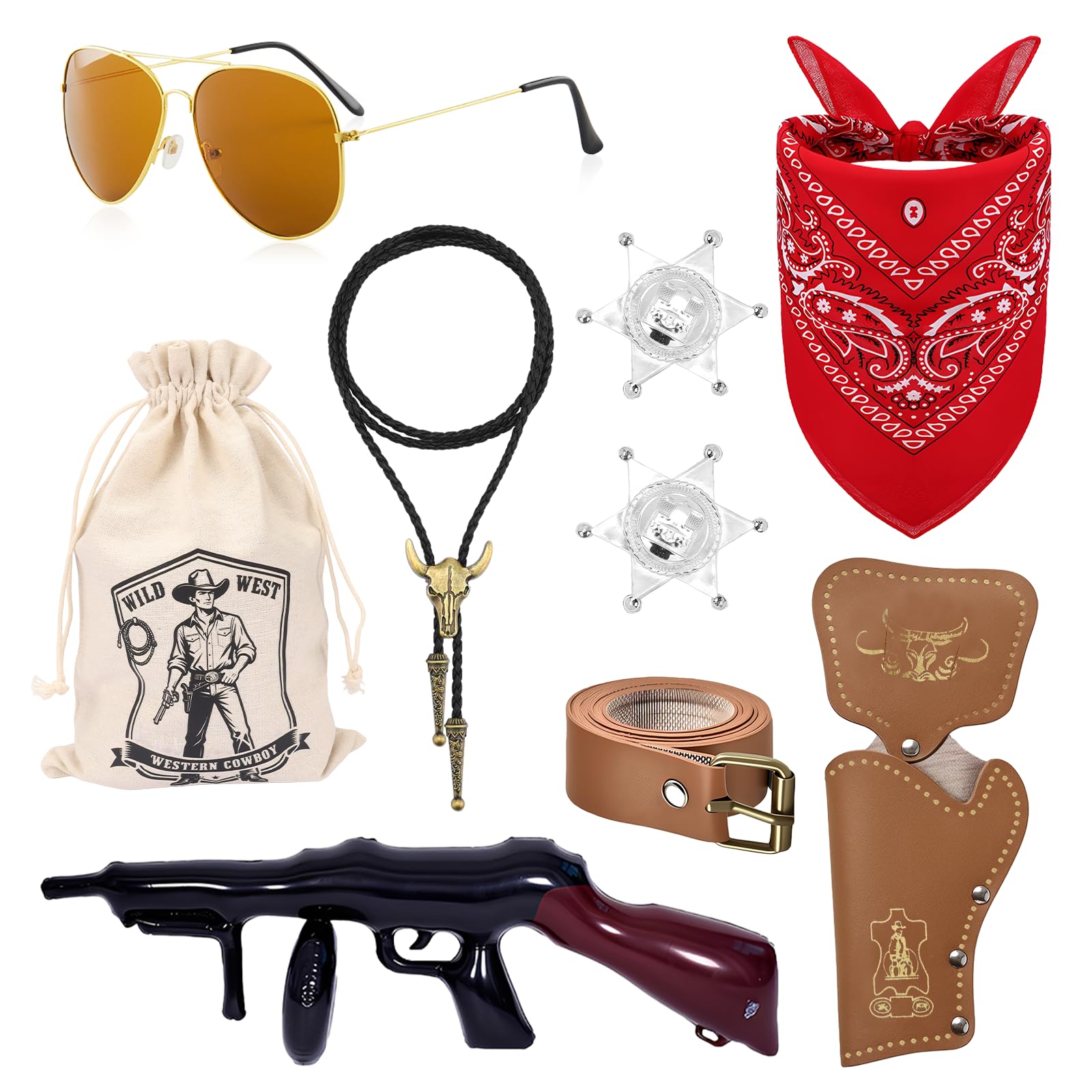 9Pcs Cowboy Costume Accessories, Wild West Cowboy Fancy Dress with Necklace Holster Sunglasses Inflatable Prop Holster Bag Sheriff Badges Belt Western Outfit Kits for Women Men Cosplay Hen Do Party