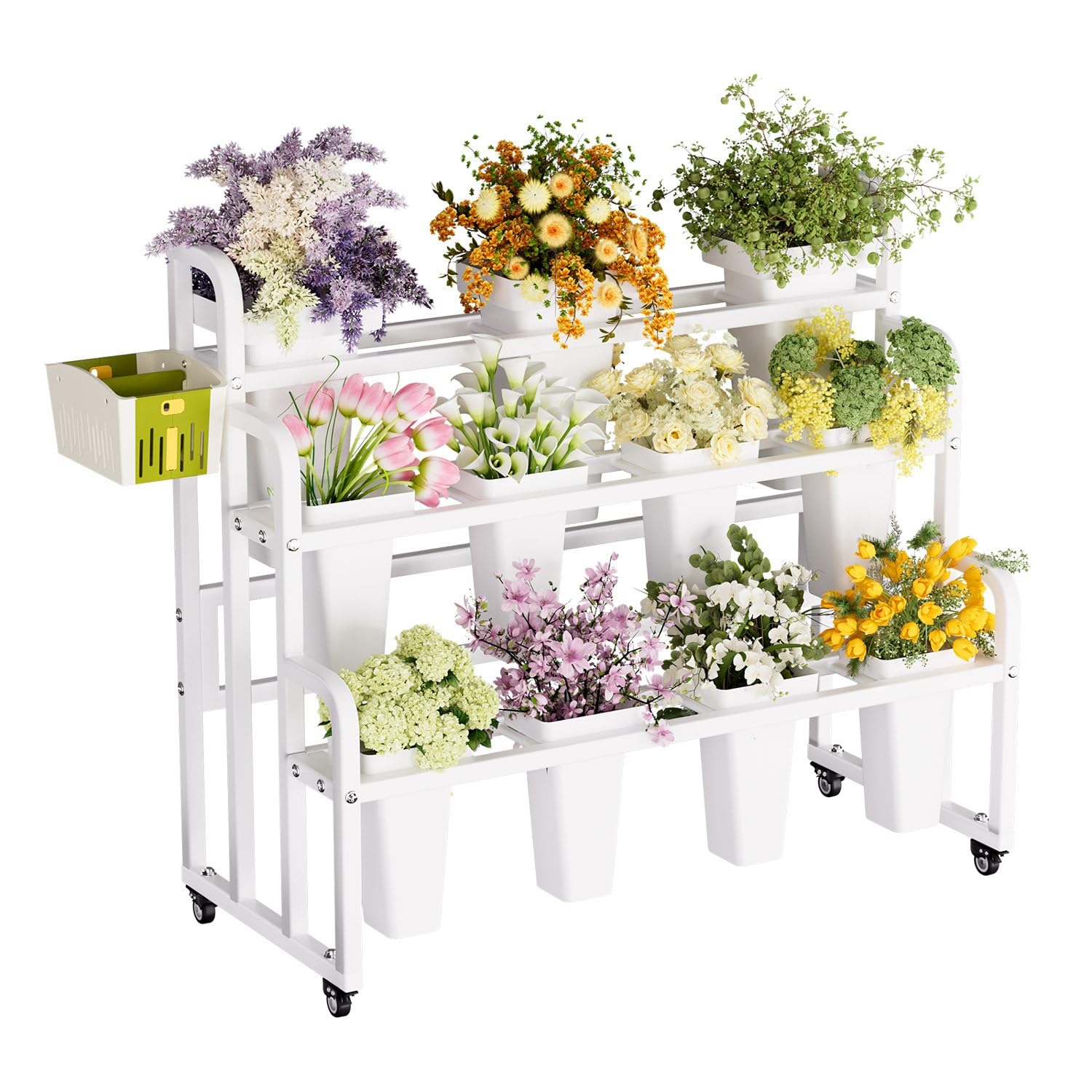 ACLFF Rolling Flower Display Stand, Multi-Tier Metal Plant Cart with Detachable Flower Buckets, Mobile Florist Rack for Shop Patio Garden Flower Arrangement