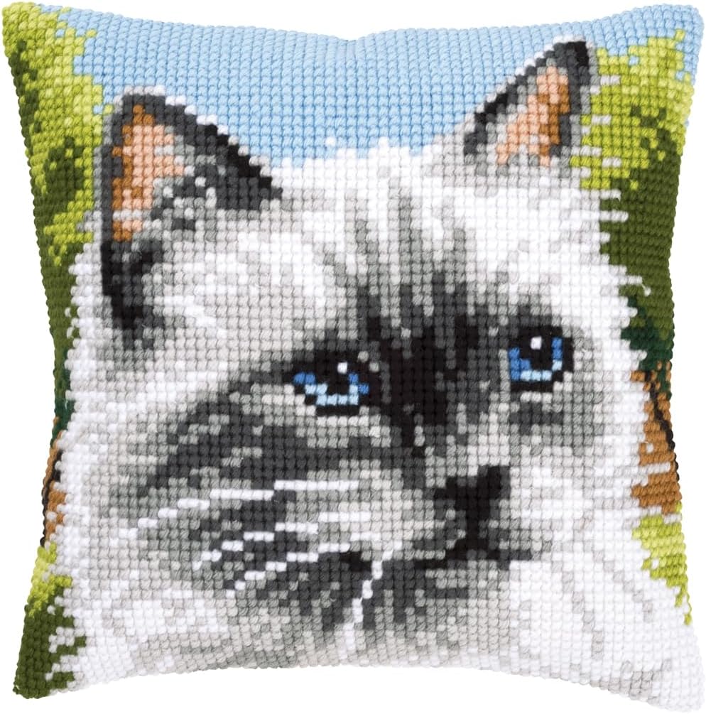 Vervaco Siamese Cat Cross Stitch Cushion Kit, 40x40cm / 16"x16", 100% Cotton Canvas with Acrylic Yarn, Multicolor DIY Embroidery Craft