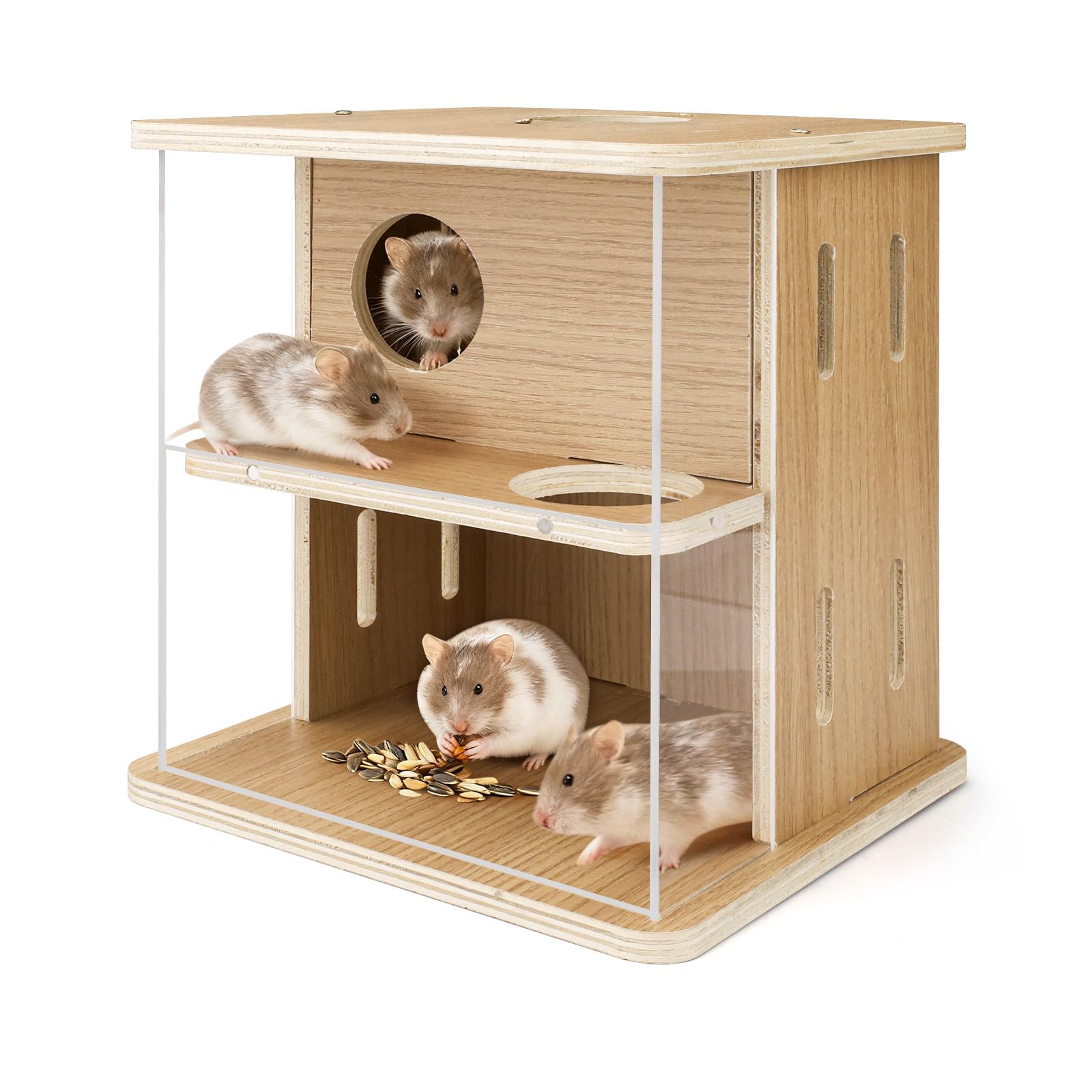 Jinzhenhong Double-Decker Hamster Hides with Acrylic Viewing Panels, Wooden Hamster Hideout for Syrian Hamsters & Gerbils, Detachable Mouse House (2 Layer)