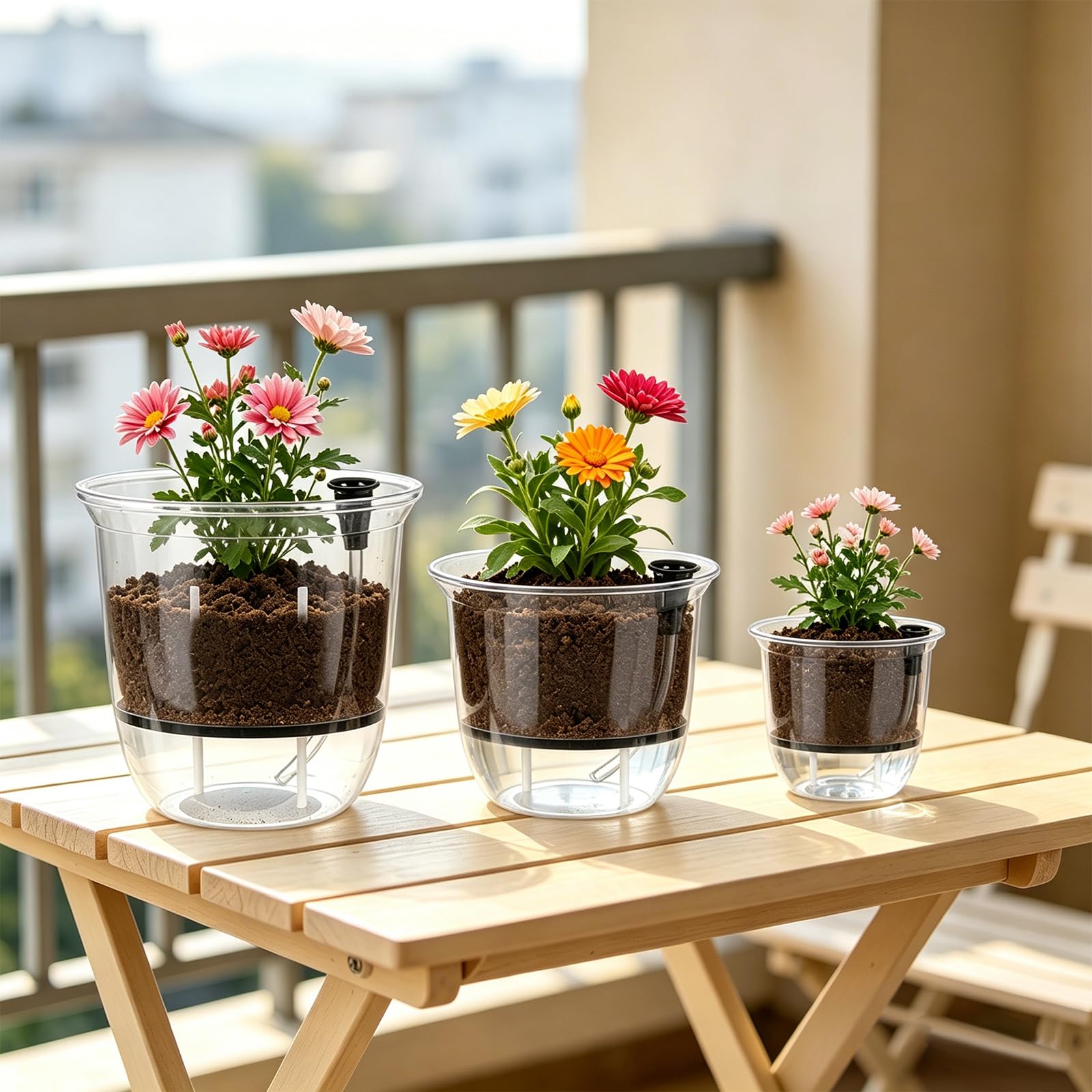 9 Lot de 3 Pots de Fleurs Transparents en Plastique à Arrosage Automatique Jardinières Modernes avec Système D'Arrosage Intégré pour Semis D'Intérieur Décoration de Maison Jardin Balcon