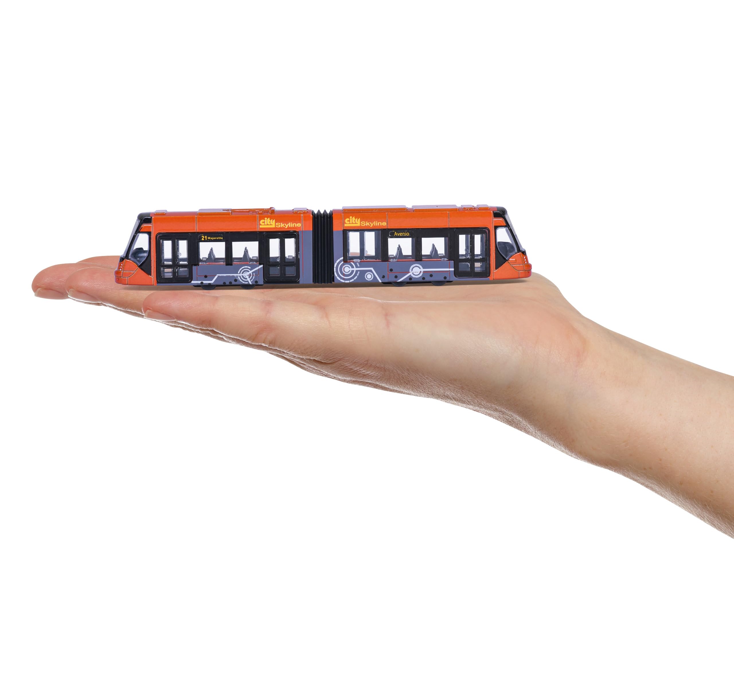 Majorette MAN City Bus lub Avenio Tram (1 model samochodu) – autobus zabawkowy lub tramwaj z metalu z wolnym biegiem, losowy wybór spośród 6 modeli pojazdów dla dzieci od 3 lat, każdy ok. 20 cm