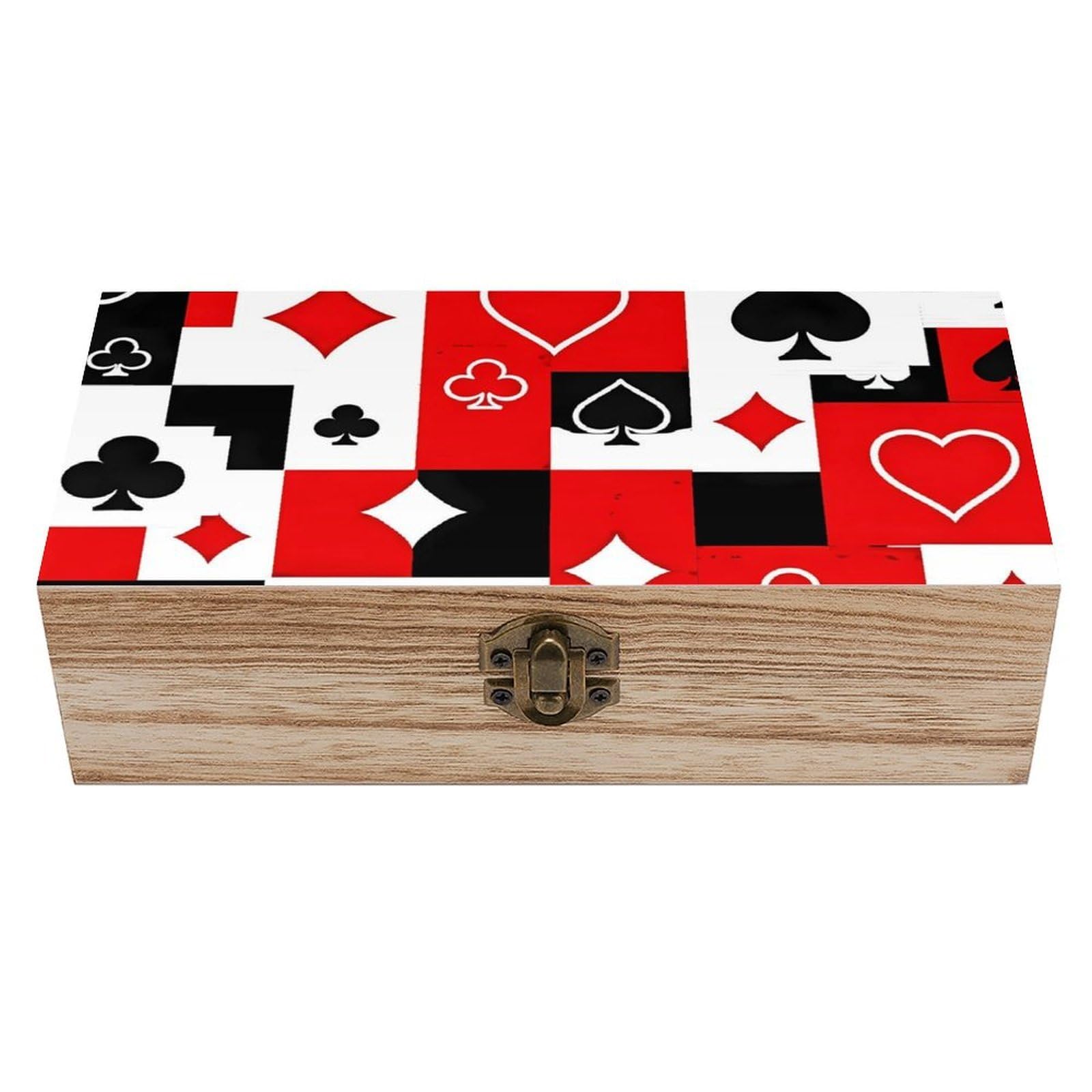 SMAZDFXX Red Black Hearts Diamonds Clubs Spades Poker Wooden Storage Box With Hinged Lid Decorative Front Clasp Keepsake Boxes