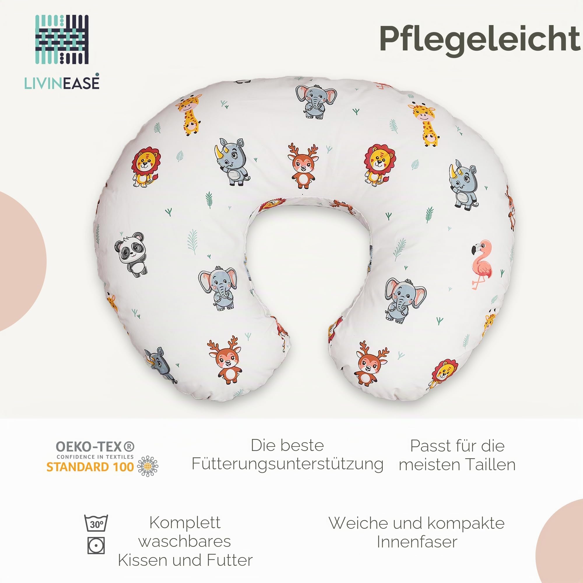 LivinEase Stillkissen zum Stillen und für Flaschen - Baby-Fütterungskissen 100% OEKO-TEX zertifizierte Baumwolle mit waschbarem Bezug - Perfekt für Bauchzeit (Dschungel)