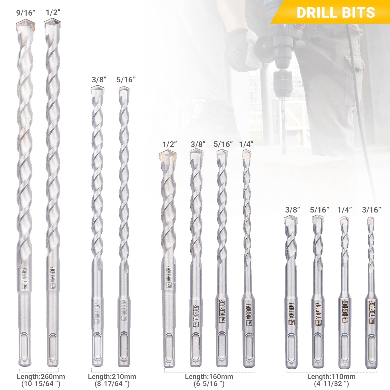 TGFTGF 17-Piece SDS Plus Rotary Hammer Drill Bits and Chisel Set, YG8C Carbide Tips, SDS Plus Bits, Masonry Drill Bit Set for Concrete, Brick and Stone, with Storage Case, Ideal Tool for DIY, Home