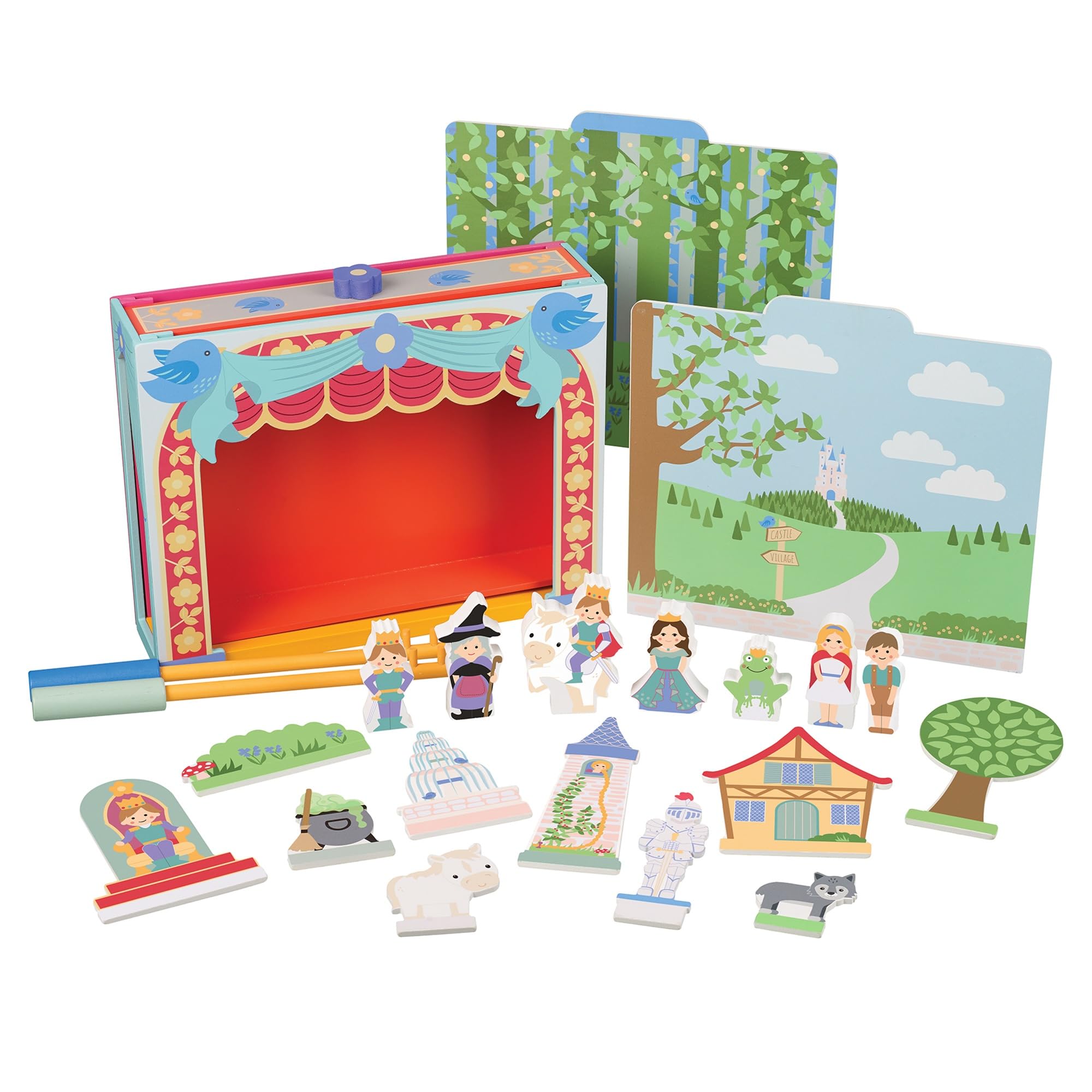 Set teatro da Tavolo in Legno, palcoscenico da Favola con Personaggi, teatro interattivo di Marionette con cassetto portaoggetti