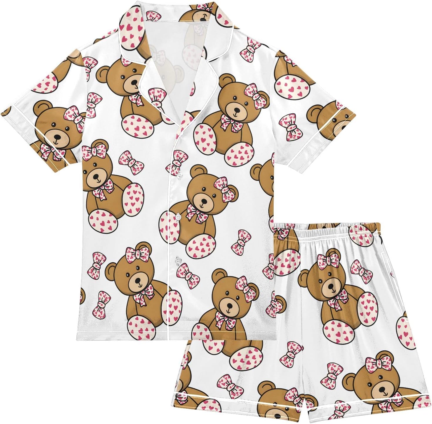 Kids Casual Satin Wear Set Bear Heart Bow Pattern Unisex Short Sleeve Clothing for Relaxing