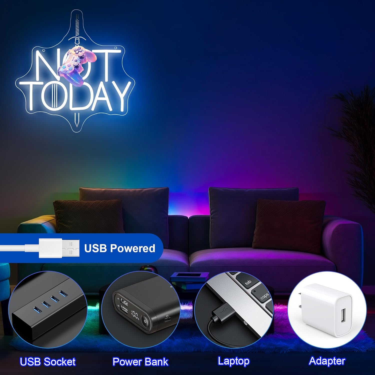 Sword Neon Sign Not Today for Wall Decor - Thrones Neon Acrylic USB Powered LED Wall Art Decor, Light Up Sign Dimmable, for Man Cave Bedroom Living Room Birthday Party Club Christmas