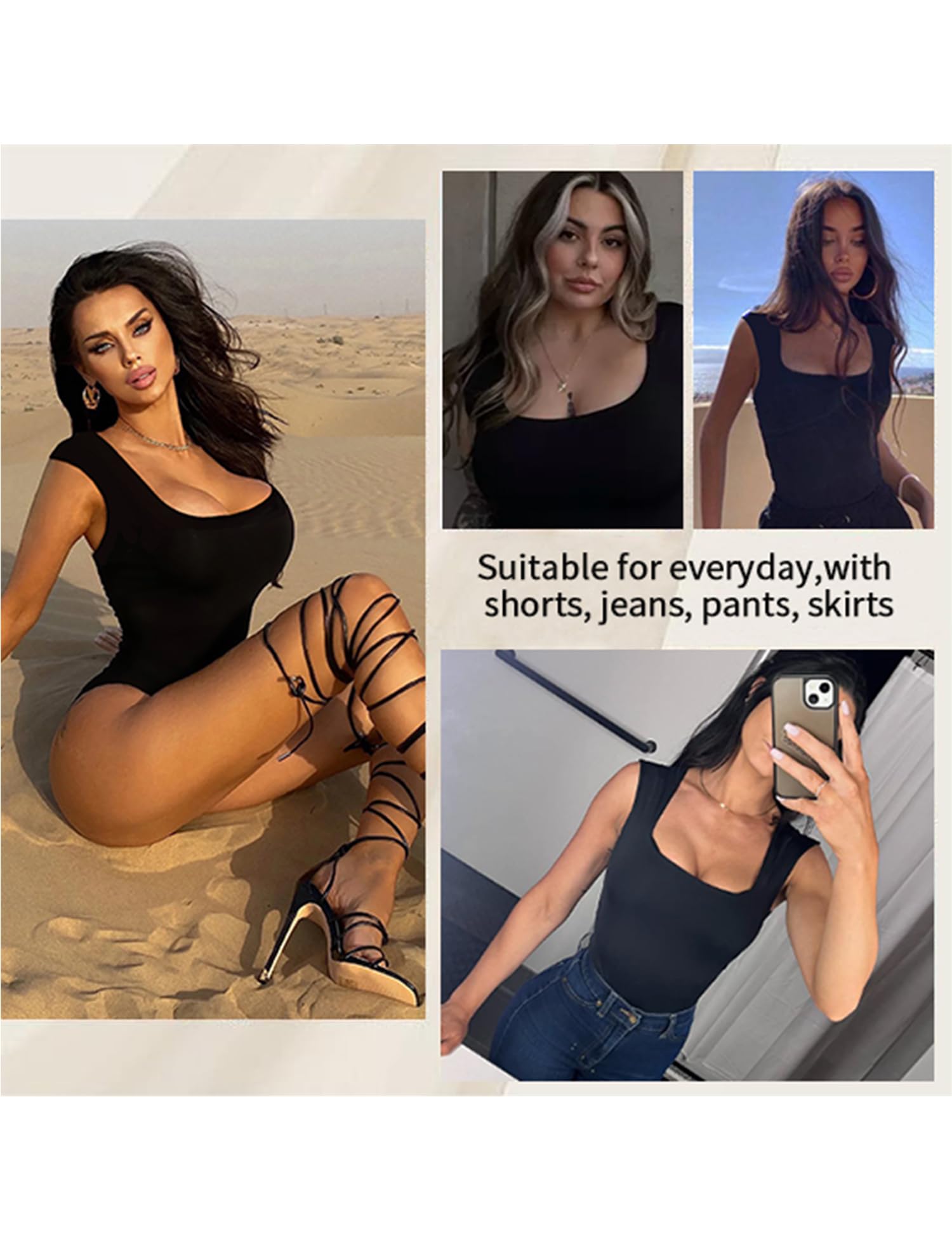 Aranmei Body sexy casual para mujer, cuello cuadrado, sin mangas, para salir