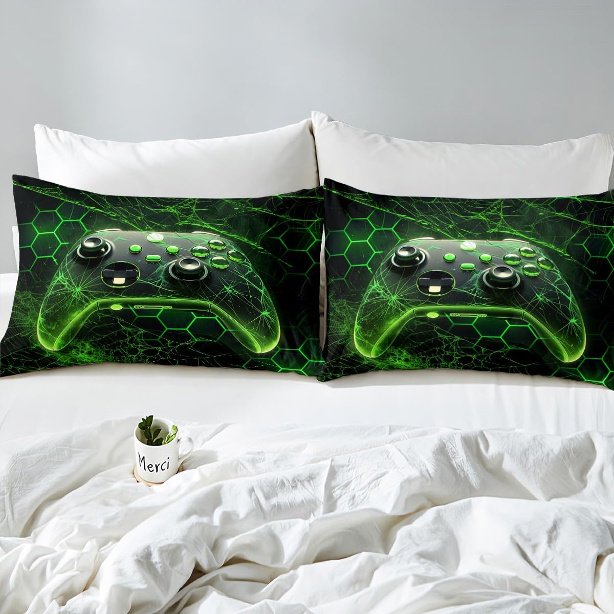 Loussiesd Gamer Duvet Cover Gaming Bedding Set for Kids Boys Girls Teens Room Decor Game Room Decor Comforter Cover Set Single Size Spider Web Gamepad Green Black Bedspread Cover 2Pcs Zipper - Image 4