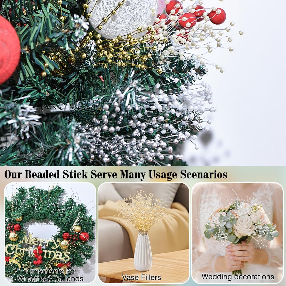 100 Pcs Gold Floral Picks, Pearl Sticks for Weddings, Christmas Tree Picks