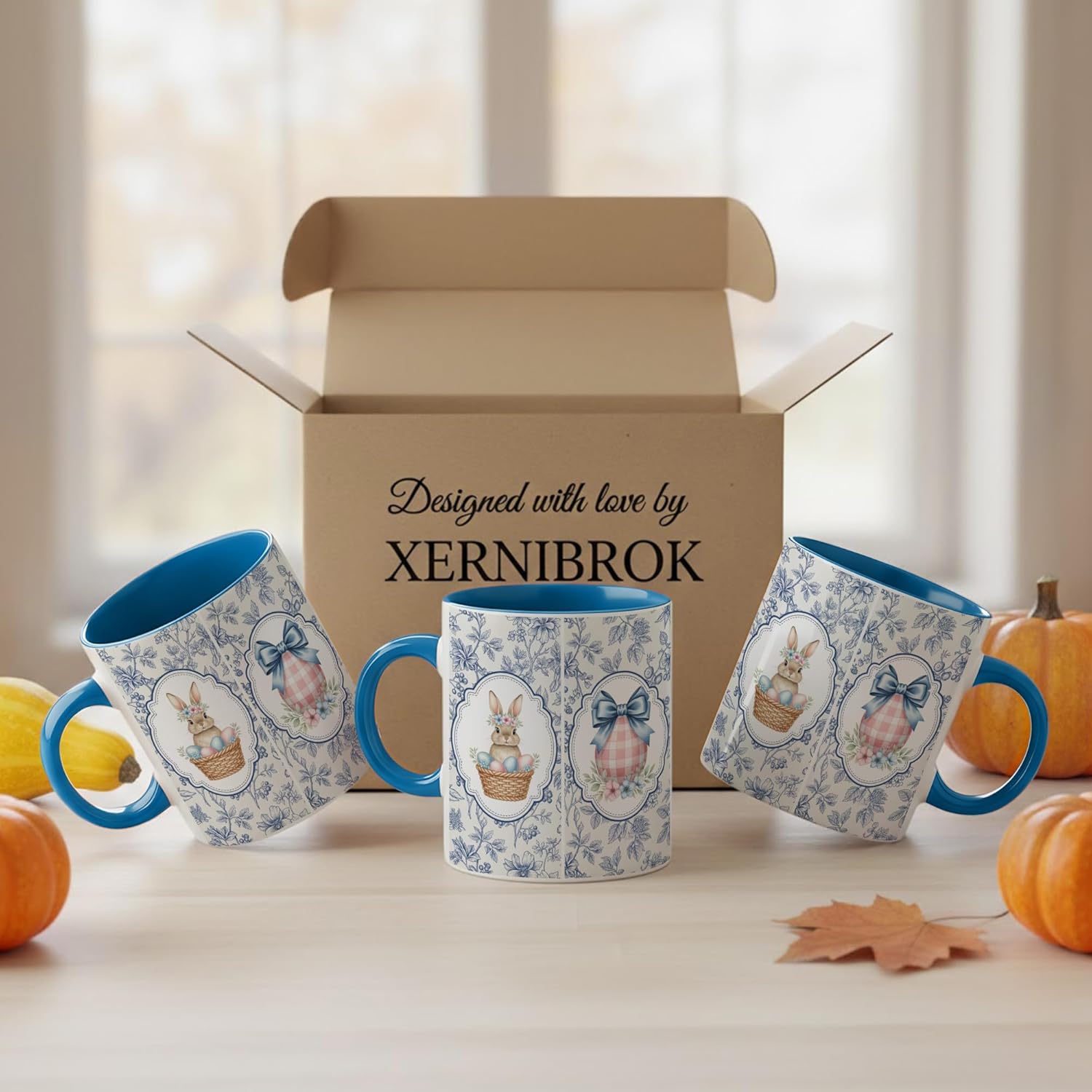 Decorative Bunny and Floral Egg Illustration Coffee Mug, Vintage Blue Floral Watercolor Design, Elegant Ceramic Mug for Spring Home Decor, Gift for Friends and Family - Image 9