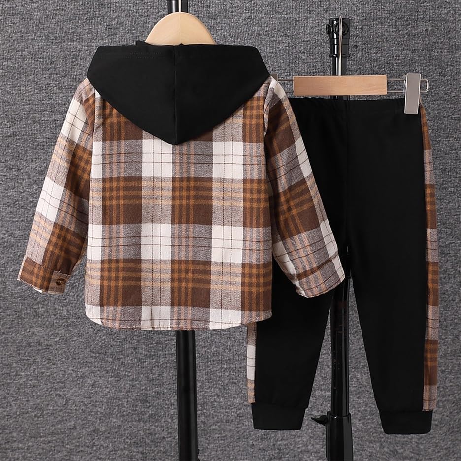 Image of OLMRJKD Toddler Baby Boy Clothes Plaid Long Sleeve Hoodie Sweatshirt + Pants 2pcs Boys Outfit Set