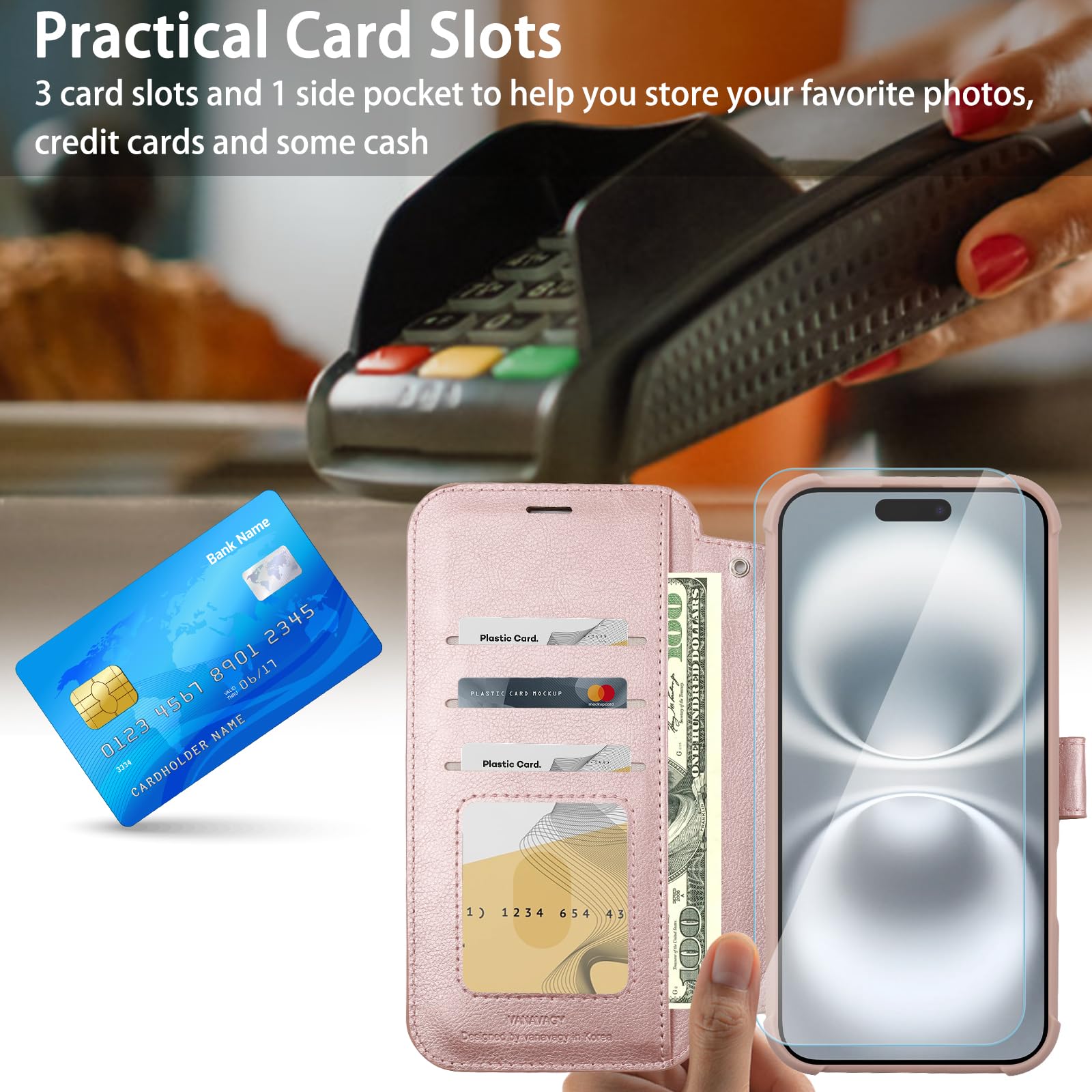 VANAVAGY Compatible for iPhone 16 Wallet Case, 12ft Drop Protection, RFID Blocking PU Leather Flip Cover - Image 3