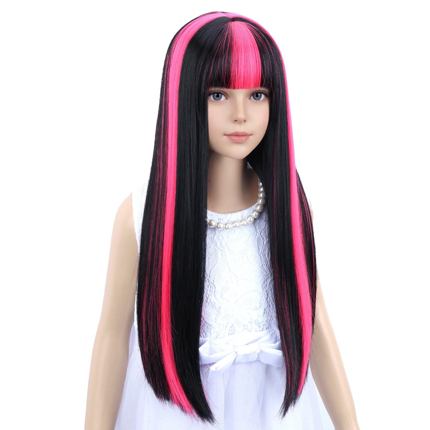 PATTNIUM Long Straight Black Wig Black Mixed Pink Wig with Bangs Women Long Synthetic Wig with Wig Cap