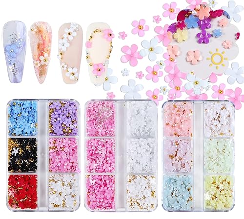 Flymind Dijes de uñas de flores 3D, 2 cajas de resina acrílica que cambian de luz, diseño de uñas, cuentas de caviar de metal para manicura y