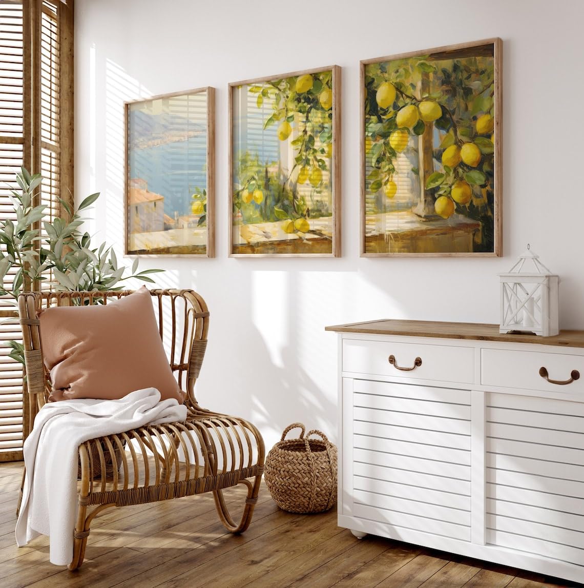 Home Decor Wall Art 3 Pieces Lemons Poster Italy Prints Canvas Painting Framed Artwork for Rustic Farmhouse Decoration with Inner Frame