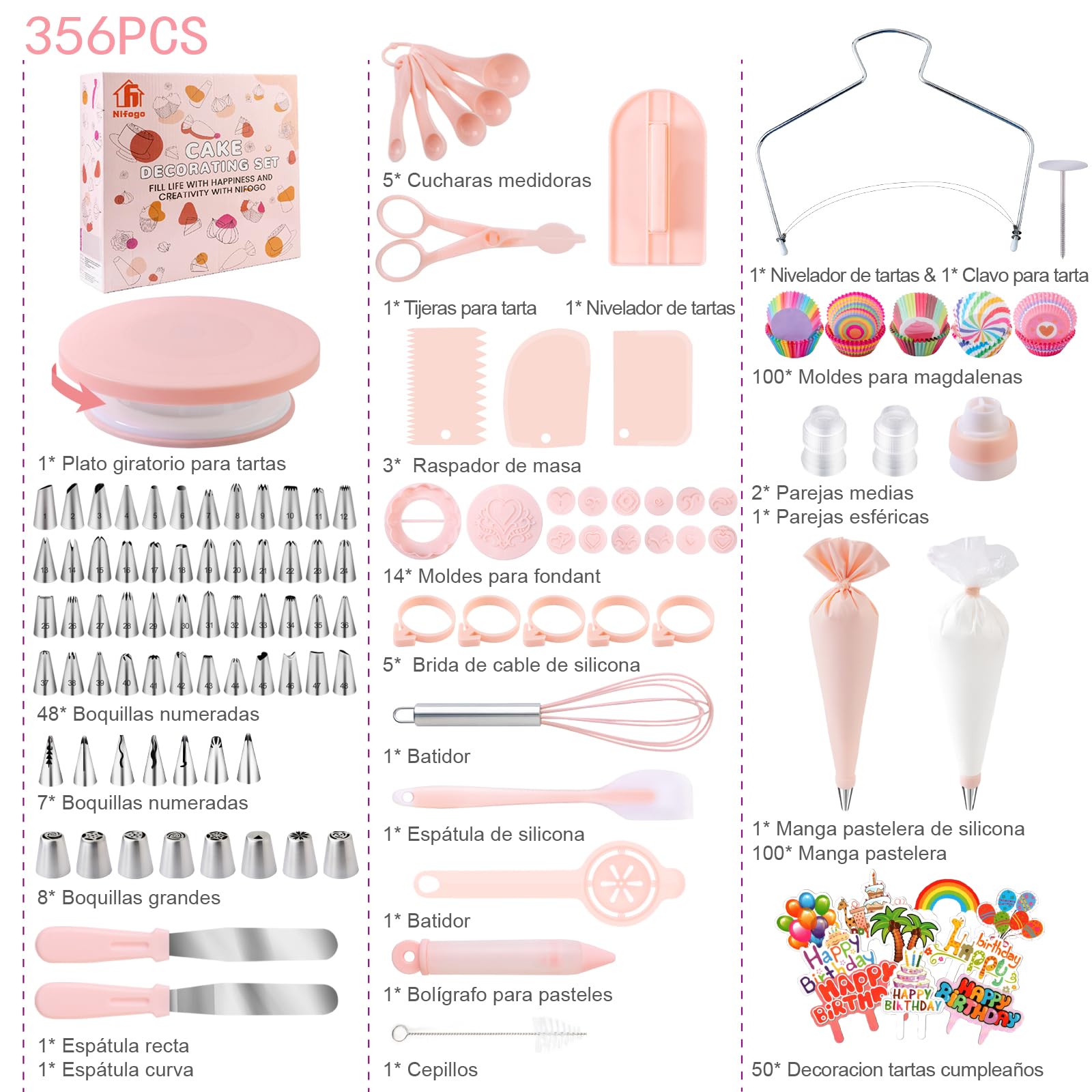 Kit Reposteria y Pasteleria 356pcs, Nifogo Boquillas Manga Pastelera, Plato Giratorio para Tartas, Decoracion Tarta, Accesorios Reposteria