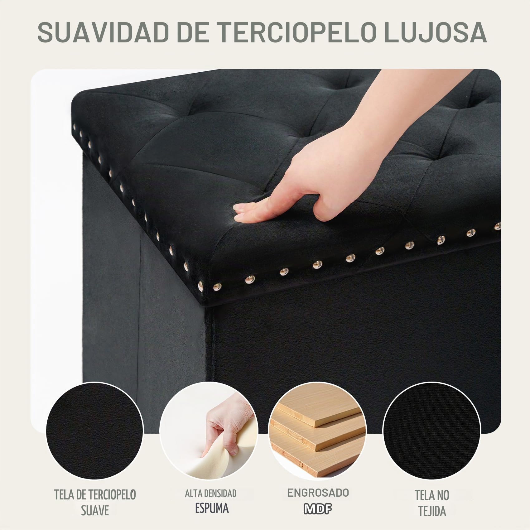 PINPLUS Baúl Banco de Almacenamiento Plegable, Puff de Terciopelo con Tapa, Reposapiés para Salón, Dormitorio y Pasillo, 110x40x40 cm, Negro