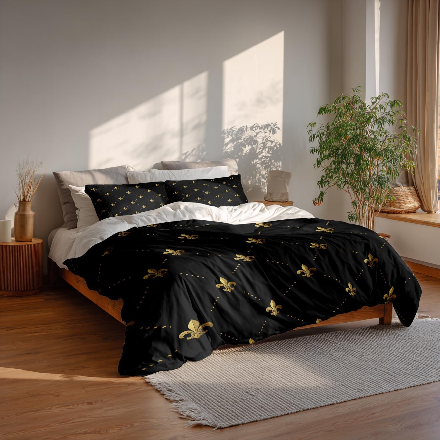 Black French Fleur De Lis Duvet Cover Set Queen Size,3 Pieces Golden Pastoral Flowers Bedding Set Hotel Quality 100% Cotton Comforter Cover Set with 2 Pillowcases(No Filler)