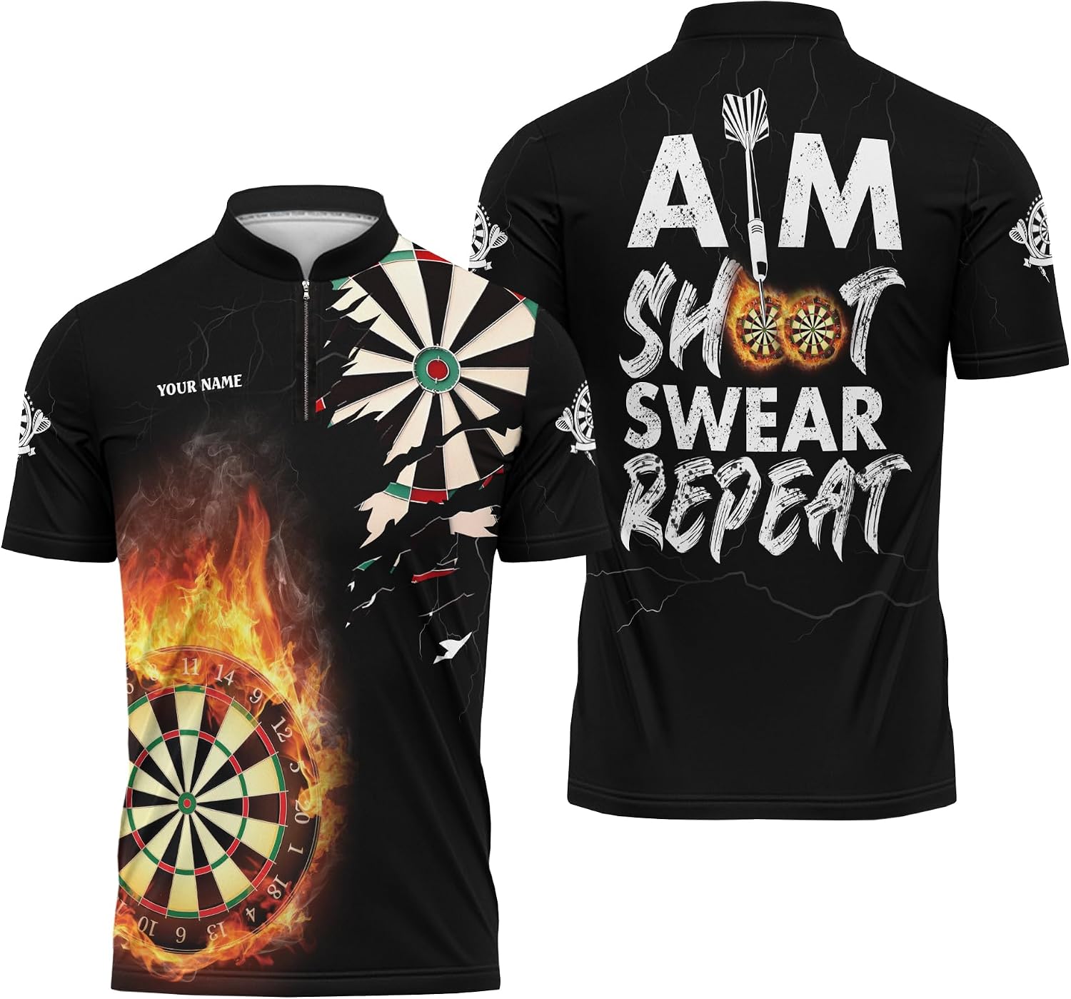 Cool Dart Zip Up Jersey with Fire Dartboard Graphic Custom Zipper Tshirt Short Sleeve for Throwing Game Lover