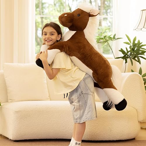 Miniatura 2 de Tezituor Animales de peluche de caballo gigante de 43.3 pulgadas con pelo largo, juguetes de caballo de peluche realistas para montar, almohada de