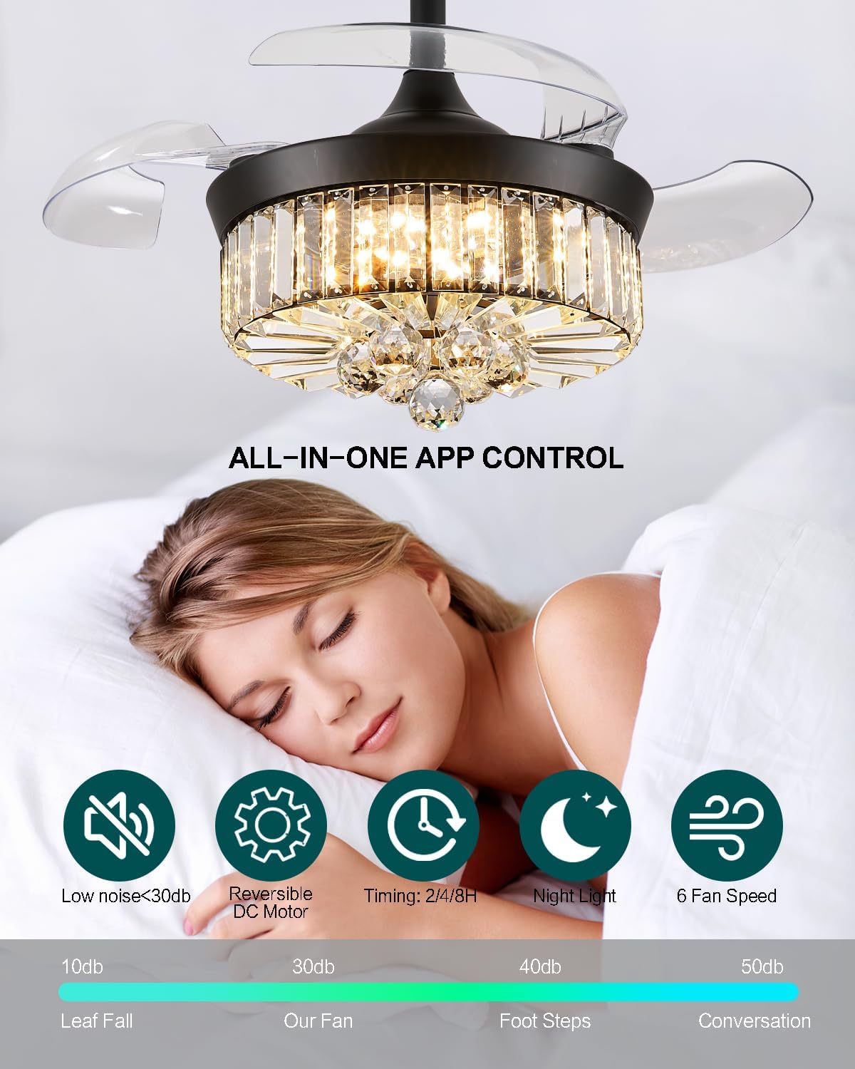 30 Inch Black Crystal Chandelier Ceiling Fan with Lights, Retractable Blade Dimmable Fandelier Ceiling Fans for Bedroom, Living Room