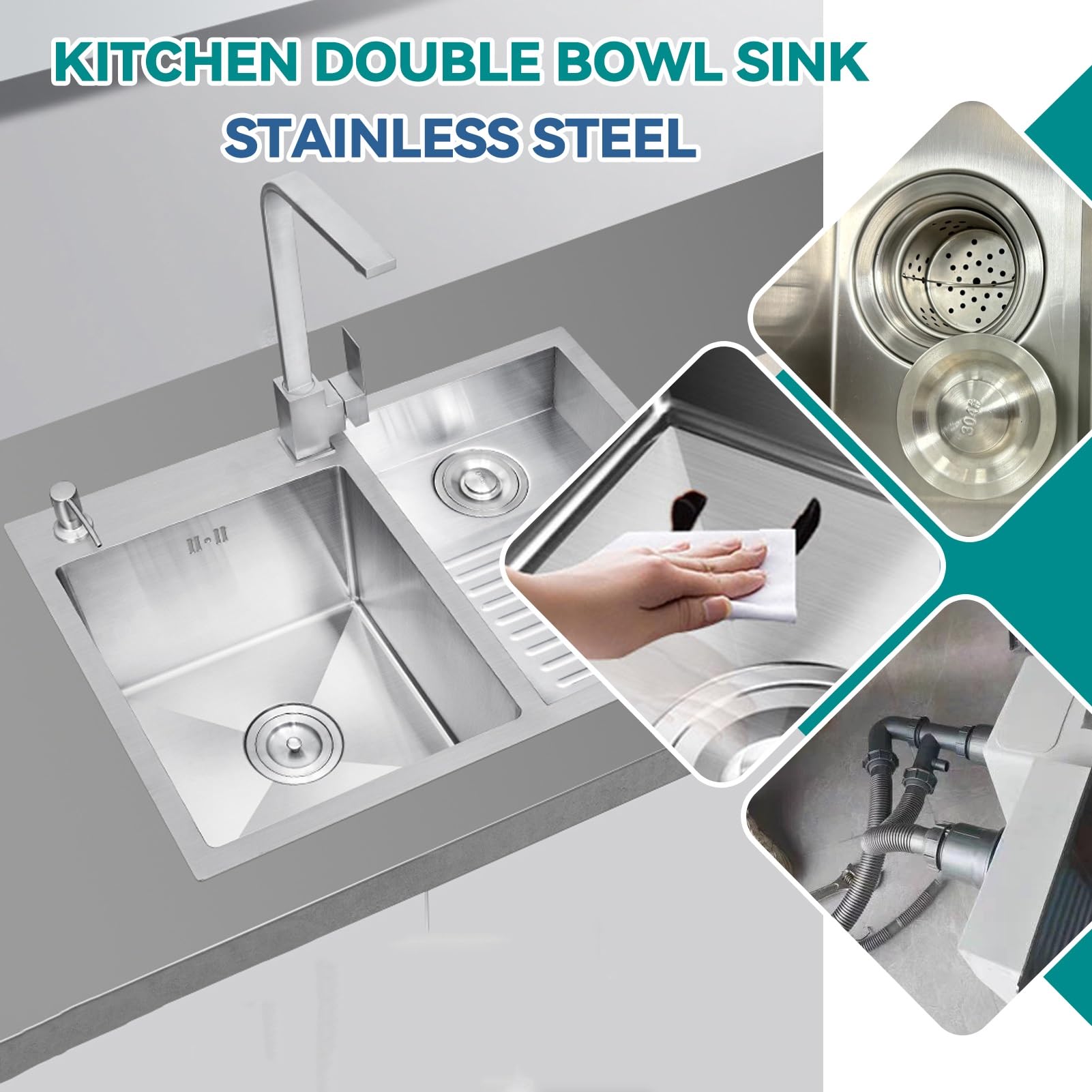 Fregadero de lavandería plateado,fregadero práctico de acero inoxidable para lavandería, lavabo de cubo de lavandería de doble tazón de 22 cm de profundidad, con lavabo facial integrado(Silver-B,80x48