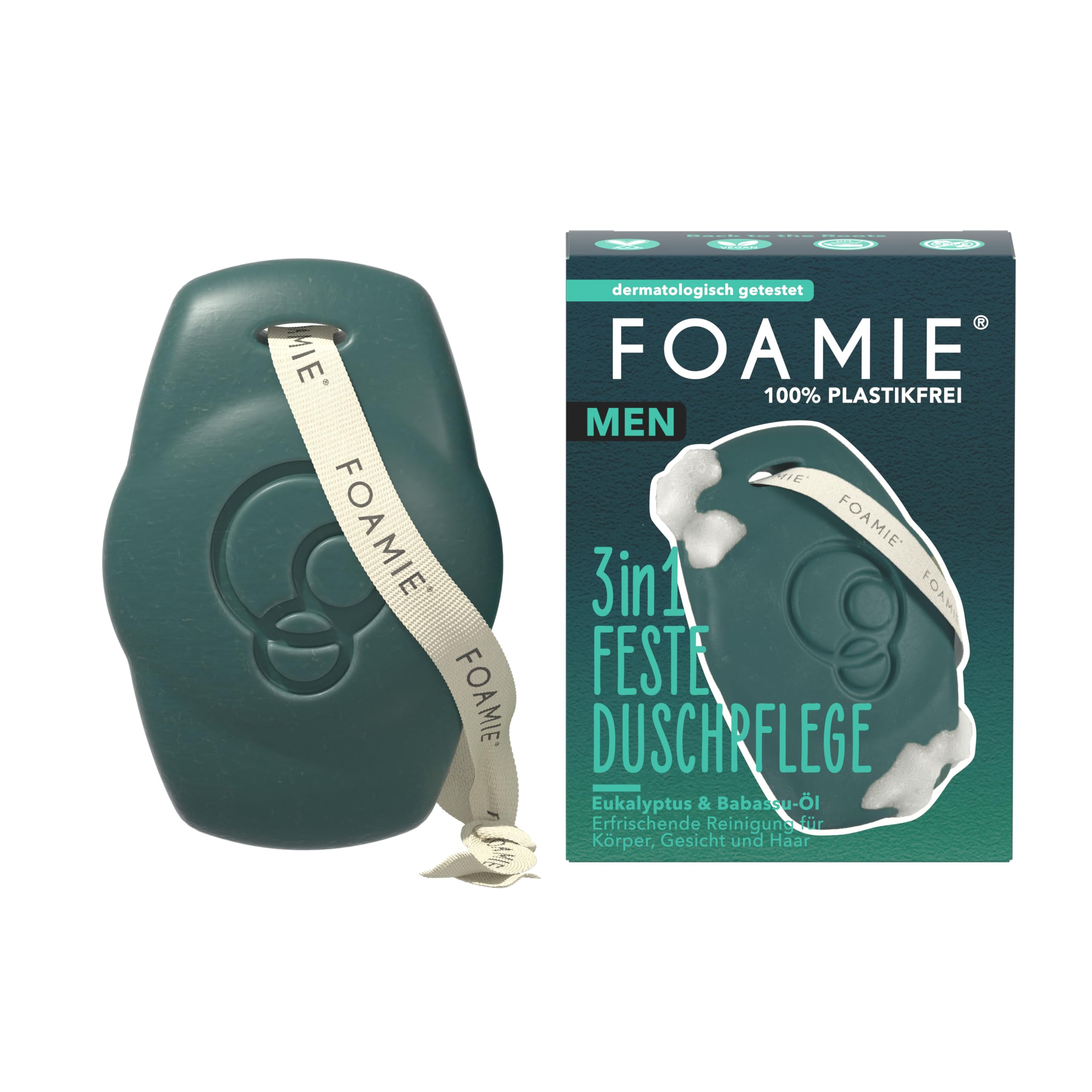 Foamie Men 3in1 Feste Duschpflege Back to the Roots - Für Körper, Gesicht & Haare - Mit Babassu- & Eukalyptusöl - pH-hautneutral - Vegan & Plastikfrei, 90g
